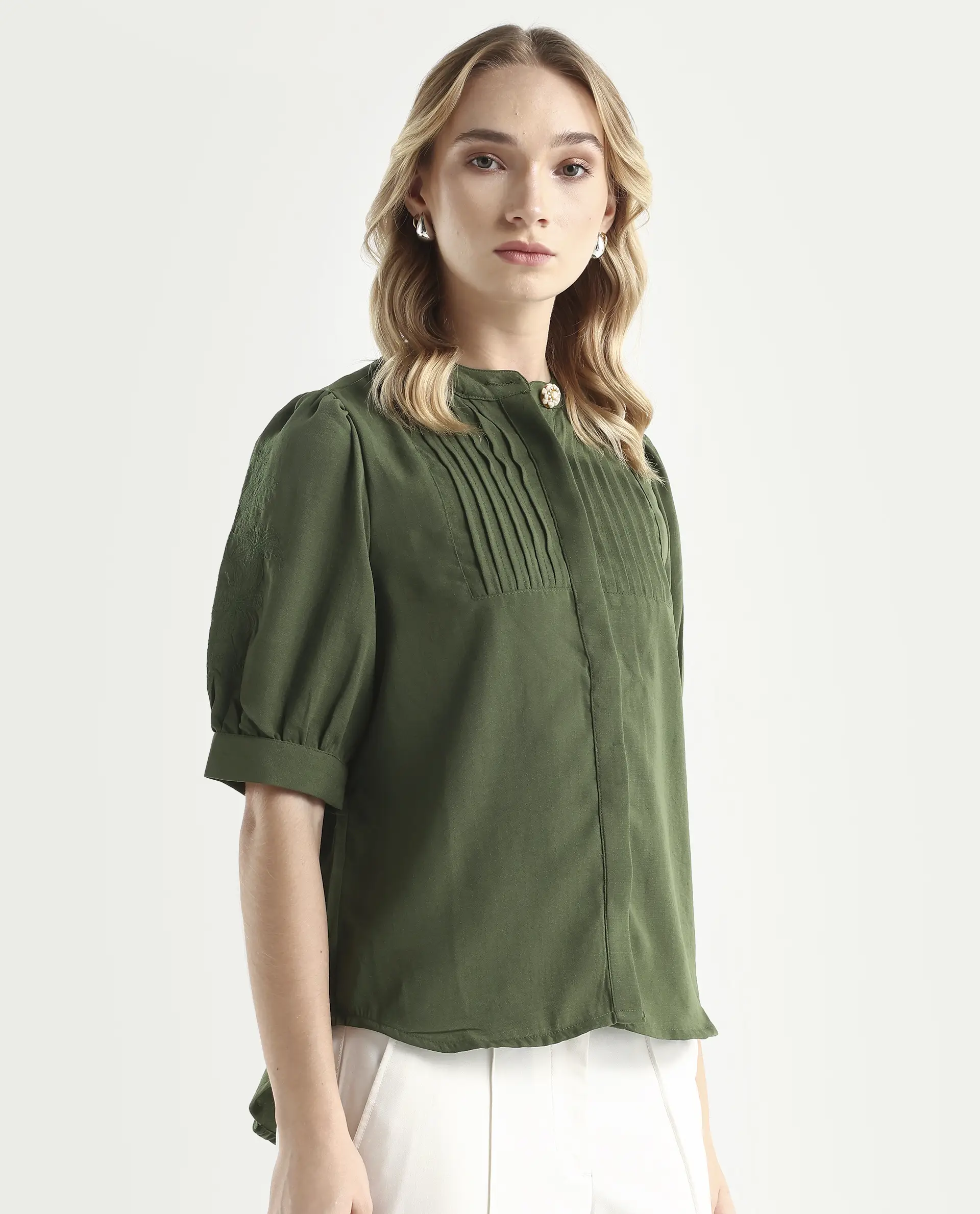 Rareism Women's Onit Olive Polyester Mandarin Collar Plain Bishop Sleeve Regular Fit Top - Image 6