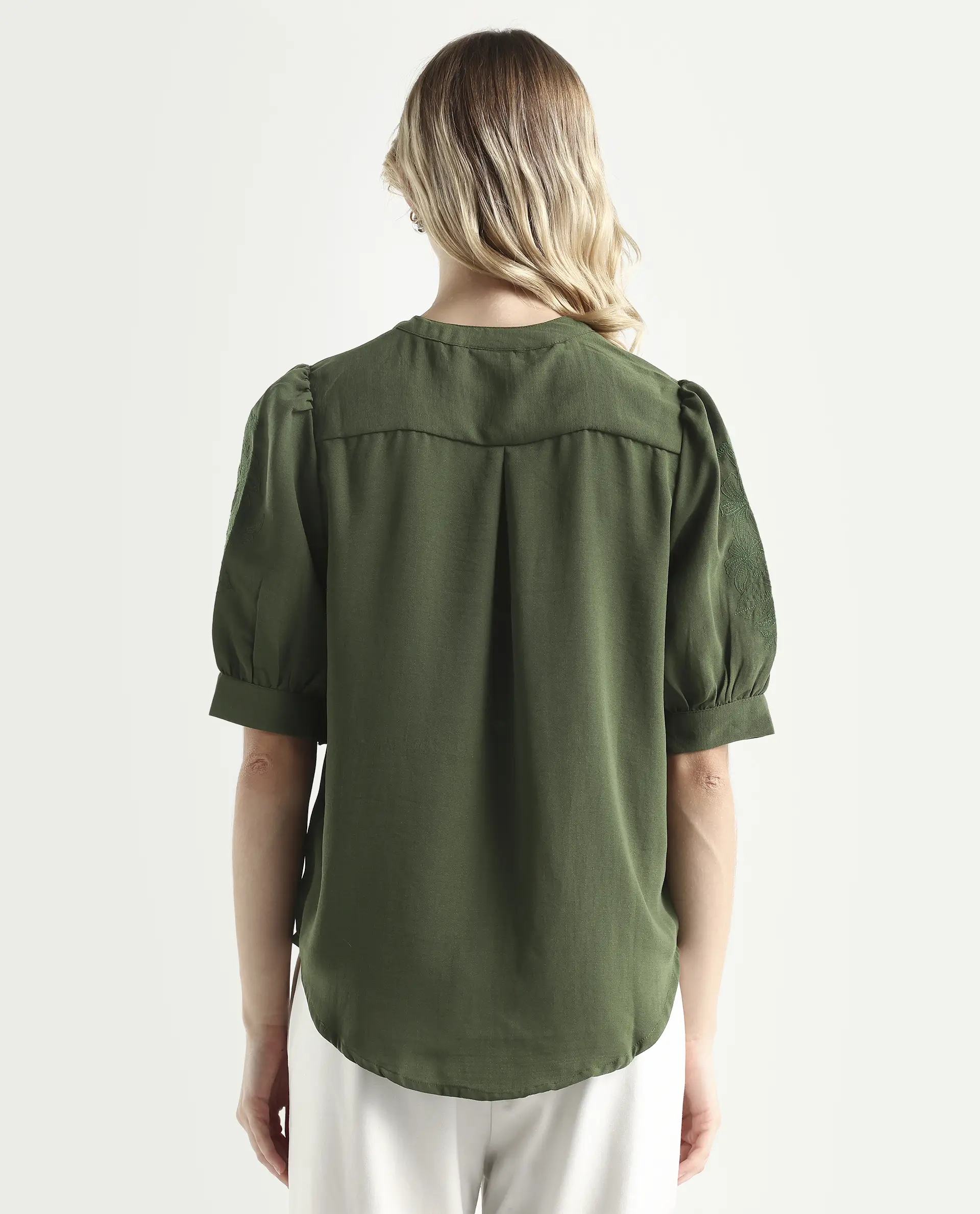 Rareism Women's Onit Olive Polyester Mandarin Collar Plain Bishop Sleeve Regular Fit Top - Image 7