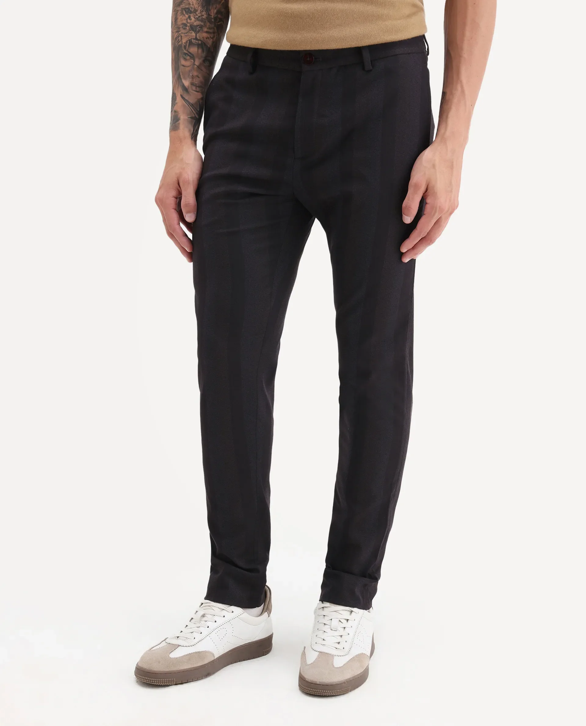 Rare Rabbit Men's Onio Maroon Polyester Striped Print Regular Fit Trouser - Image 2