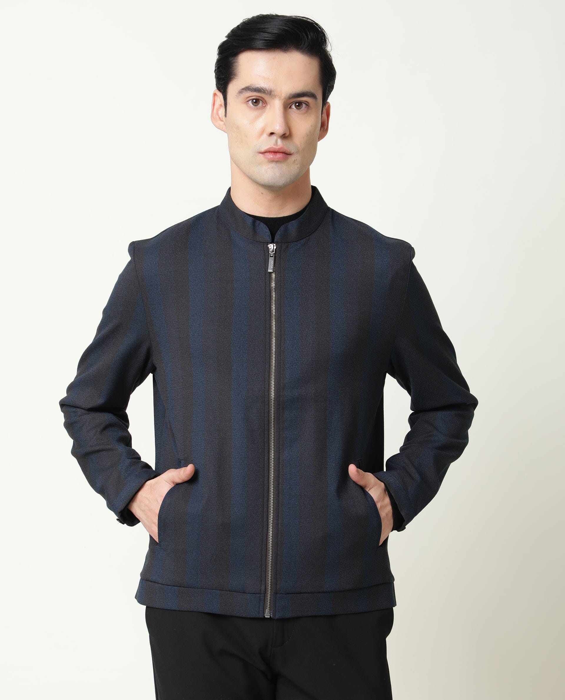 Rare Rabbit Men's Oniot Petrol Polyester Striped Print Regular Fit Full Sleeve Mandarin Collar Jacket