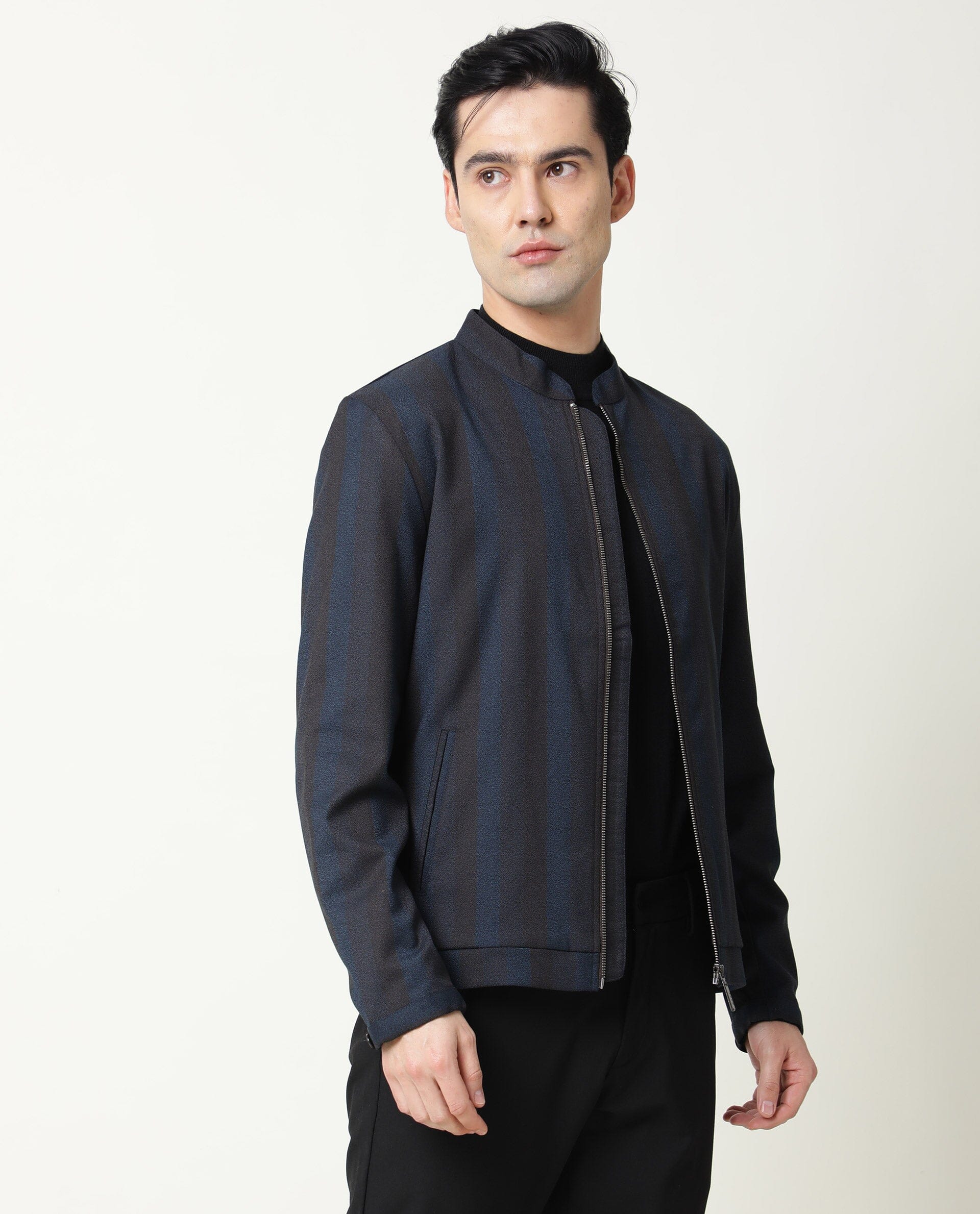 Rare Rabbit Men's Oniot Petrol Polyester Striped Print Regular Fit Full Sleeve Mandarin Collar Jacket - Image 4