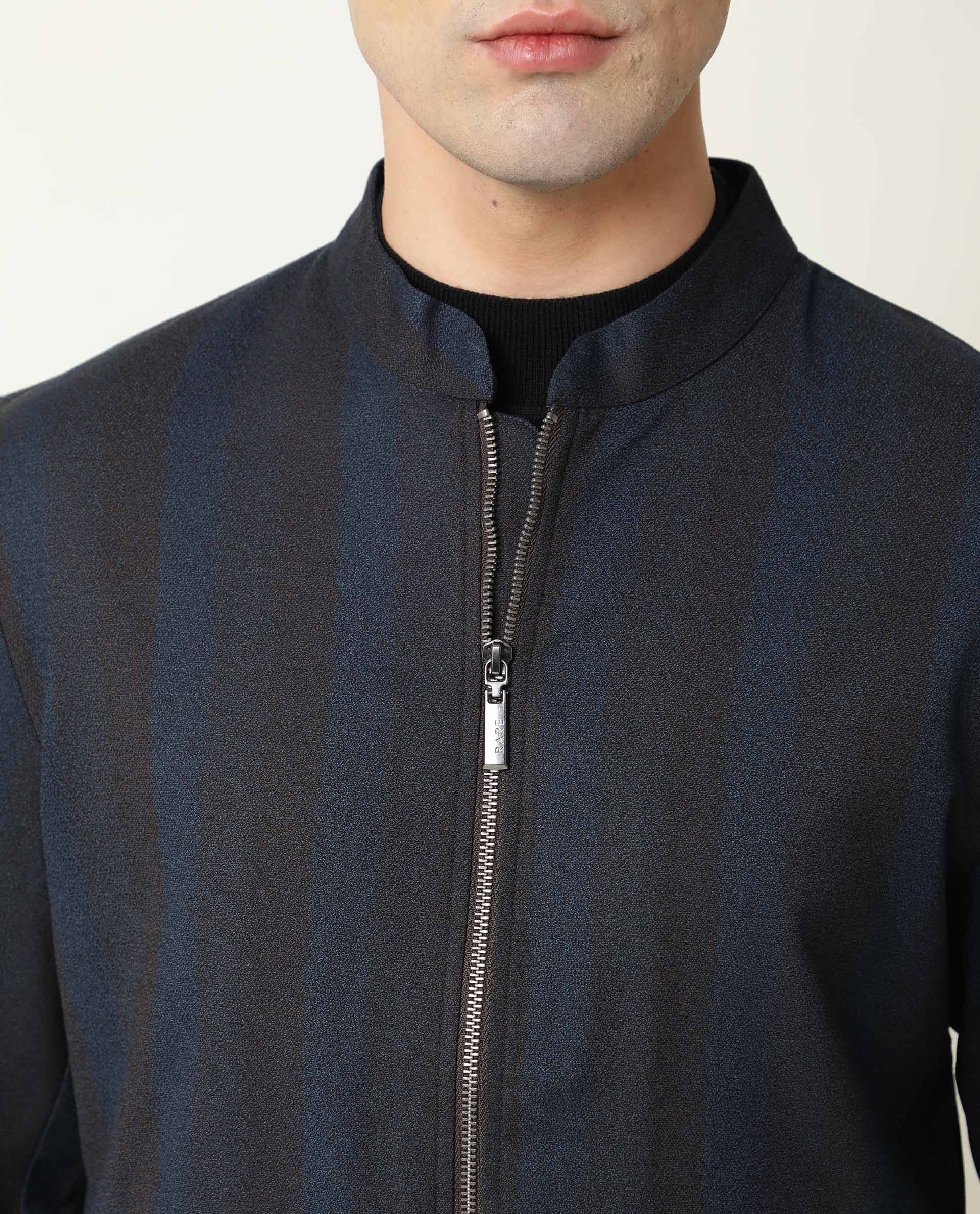 Rare Rabbit Men's Oniot Petrol Polyester Striped Print Regular Fit Full Sleeve Mandarin Collar Jacket - Image 7