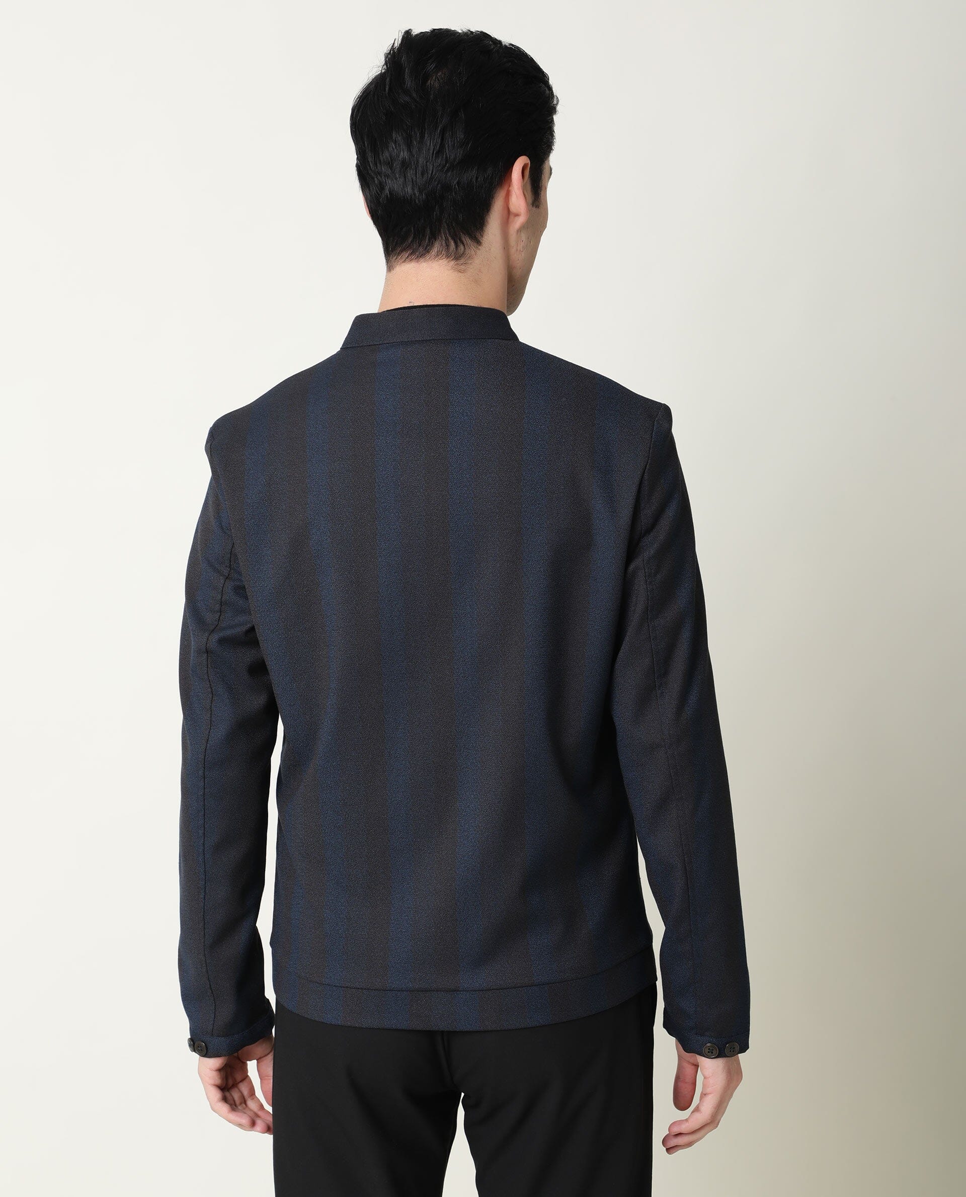 Rare Rabbit Men's Oniot Petrol Polyester Striped Print Regular Fit Full Sleeve Mandarin Collar Jacket - Image 9
