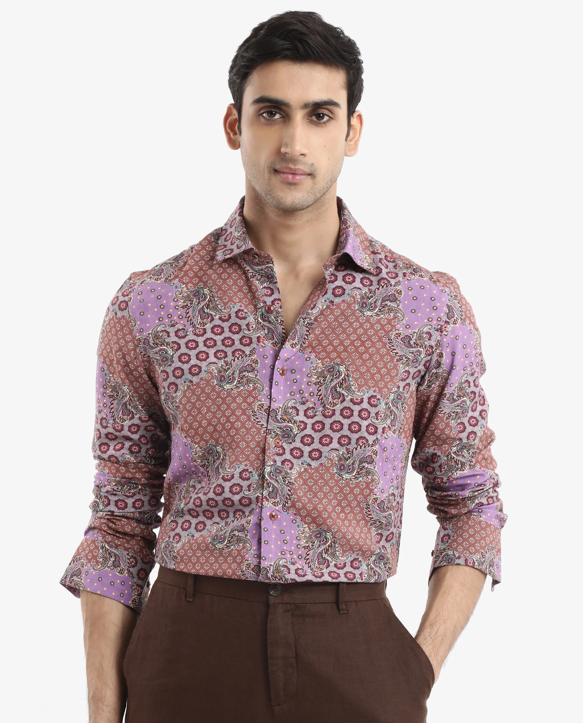 Rare Rabbit Men's Onslo Ls Brown Viscose Tropical Print Regular Fit Full Sleeve Collared Shirt - Image 3
