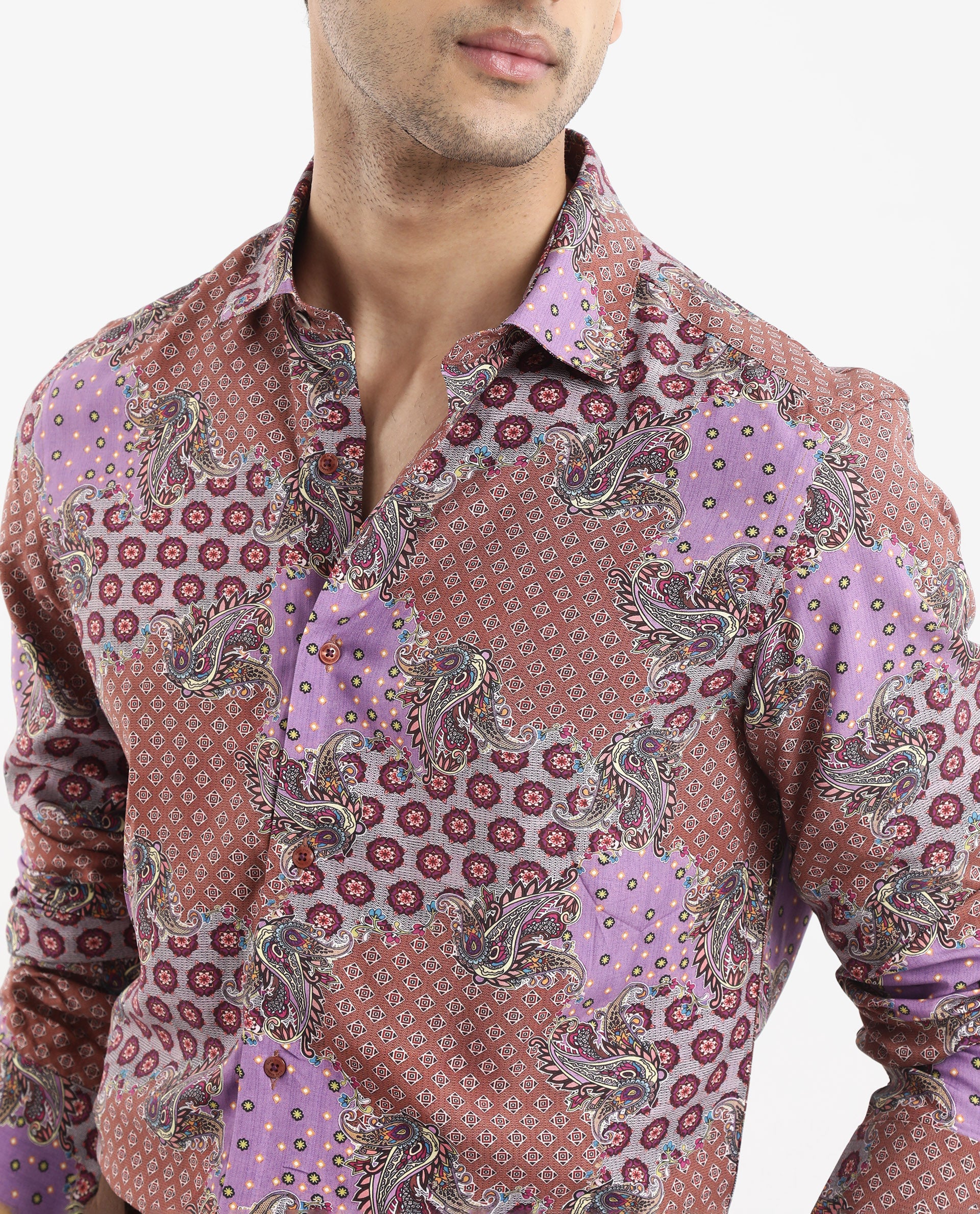 Rare Rabbit Men's Onslo Ls Brown Viscose Tropical Print Regular Fit Full Sleeve Collared Shirt - Image 4