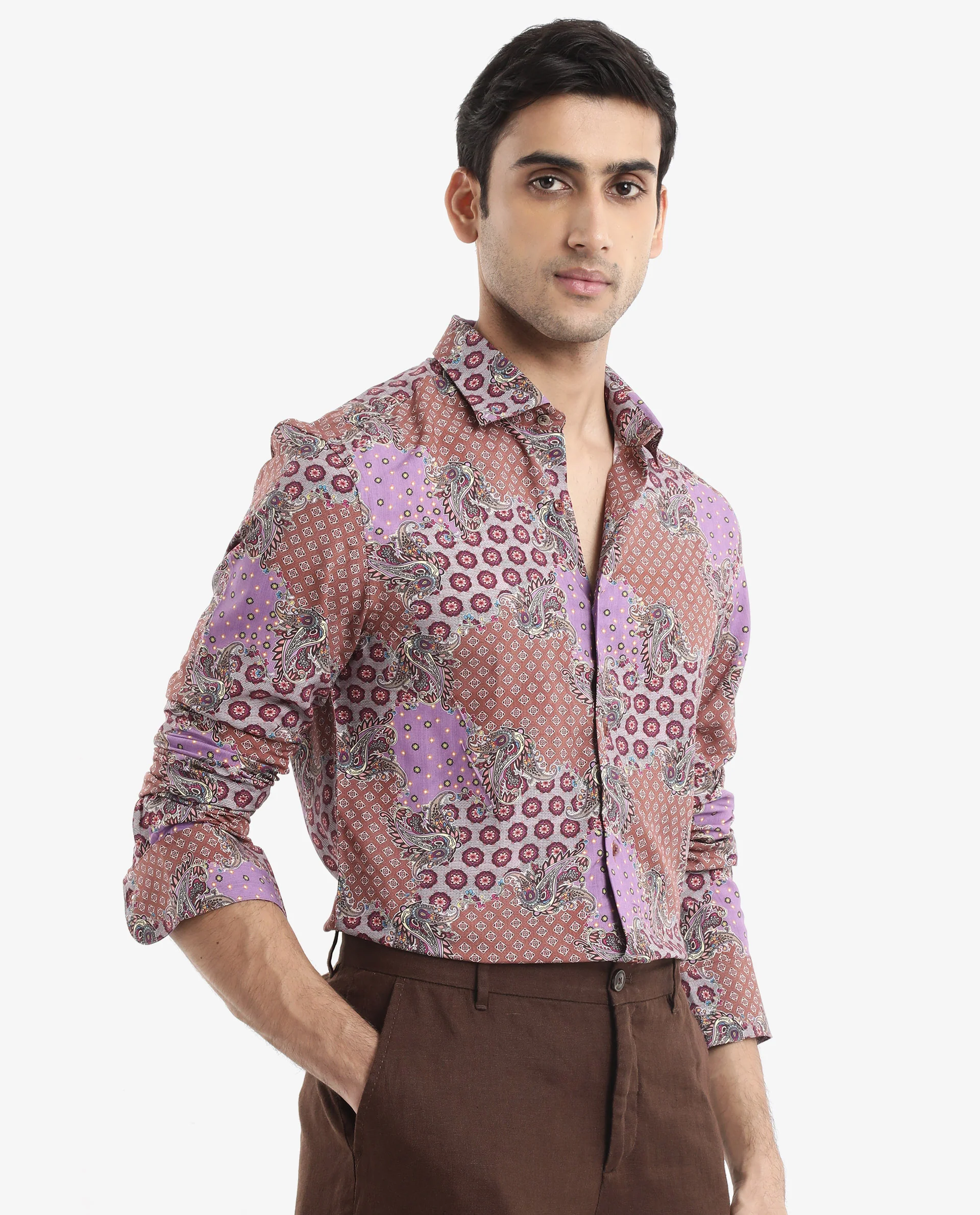 Rare Rabbit Men's Onslo Ls Brown Viscose Tropical Print Regular Fit Full Sleeve Collared Shirt - Image 6