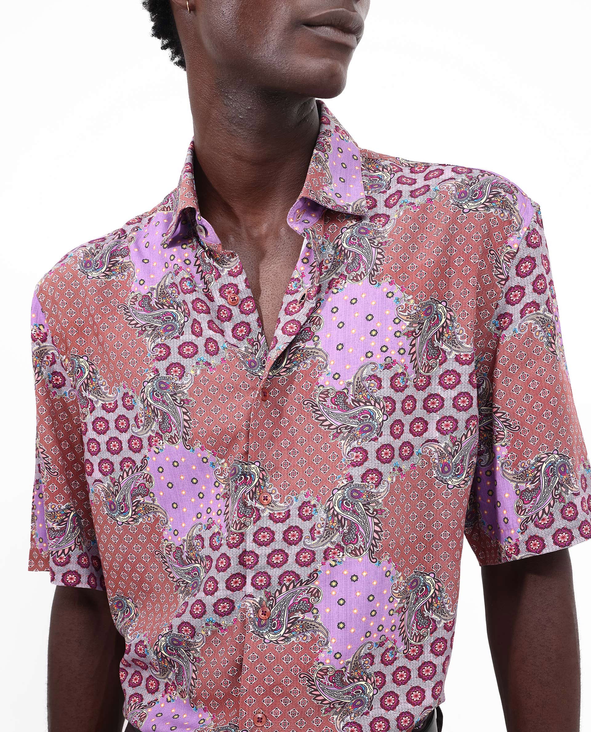 Rare Rabbit Men's Onslo Ss Brown Viscose Tropical Print Boxy Fit Half Sleeve Collared Shirt - Image 5