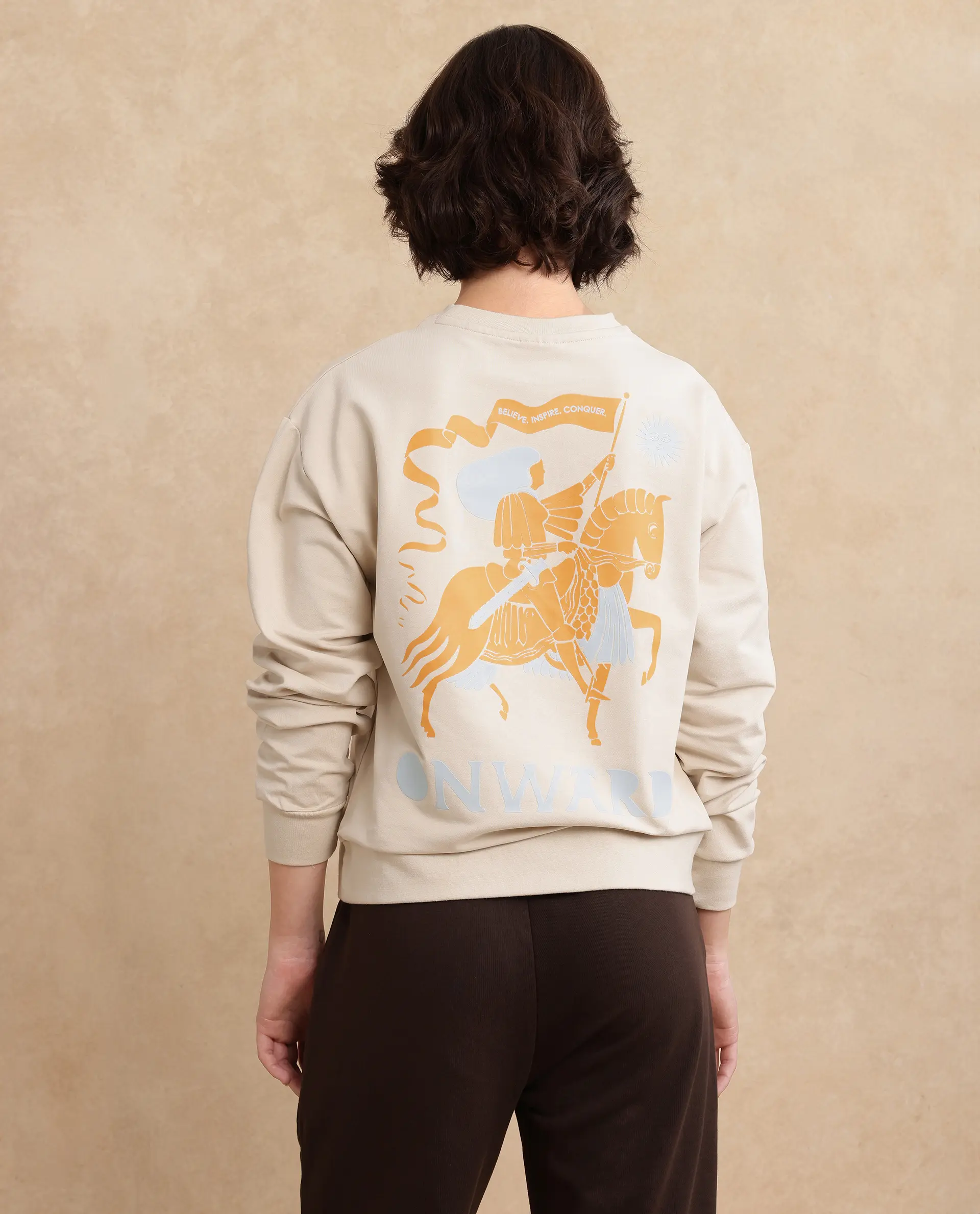 Rareism Women's Onwa Beige Cotton Blend Crew Neck Graphic Print Relaxed Fit Sweatshirt