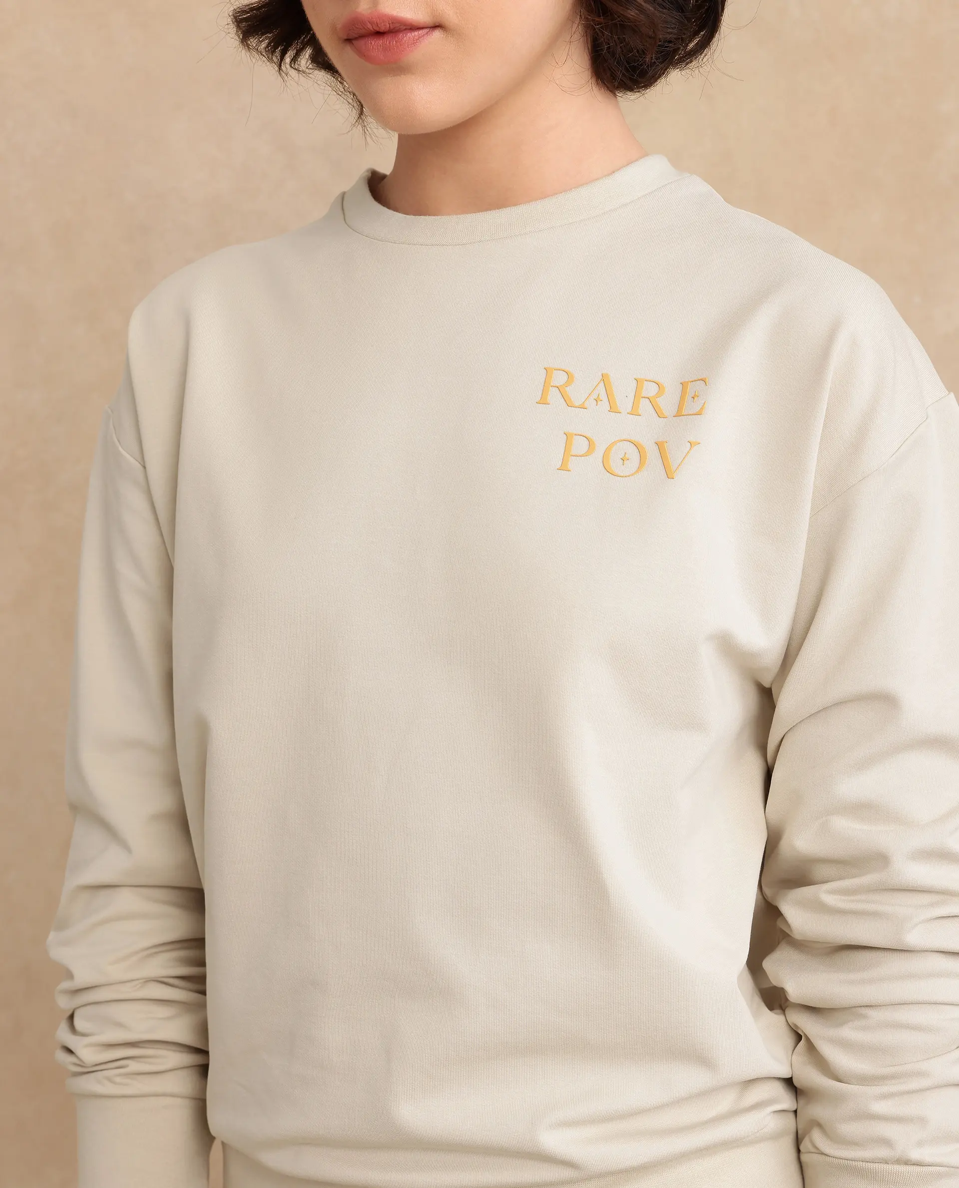 Rareism Women's Onwa Beige Cotton Blend Crew Neck Graphic Print Relaxed Fit Sweatshirt - Image 2