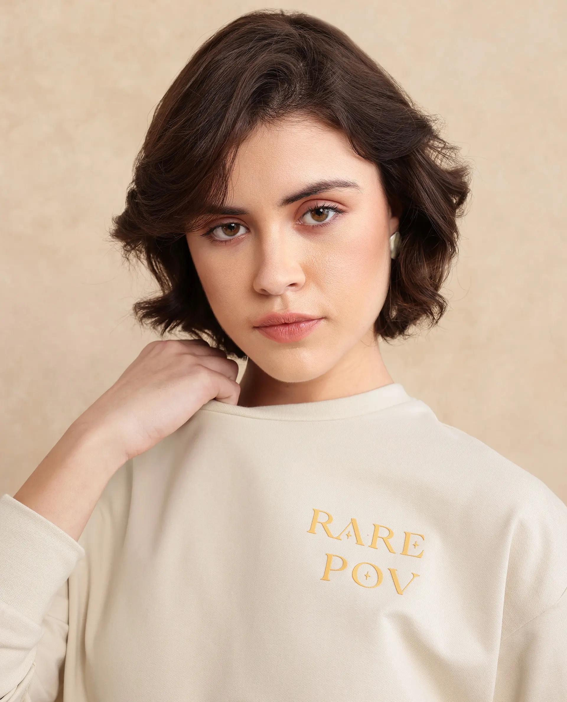 Rareism Women's Onwa Beige Cotton Blend Crew Neck Graphic Print Relaxed Fit Sweatshirt - Image 3
