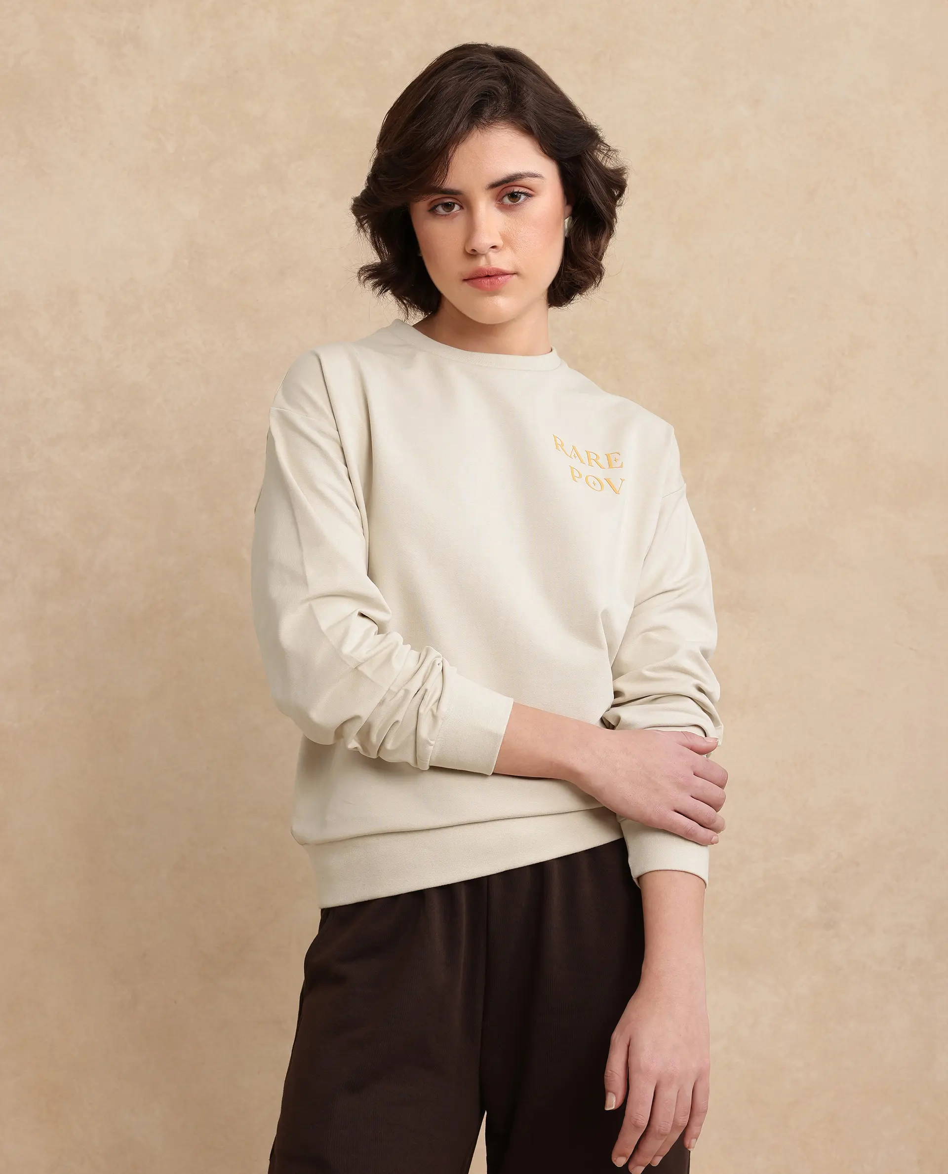 Rareism Women's Onwa Beige Cotton Blend Crew Neck Graphic Print Relaxed Fit Sweatshirt - Image 4