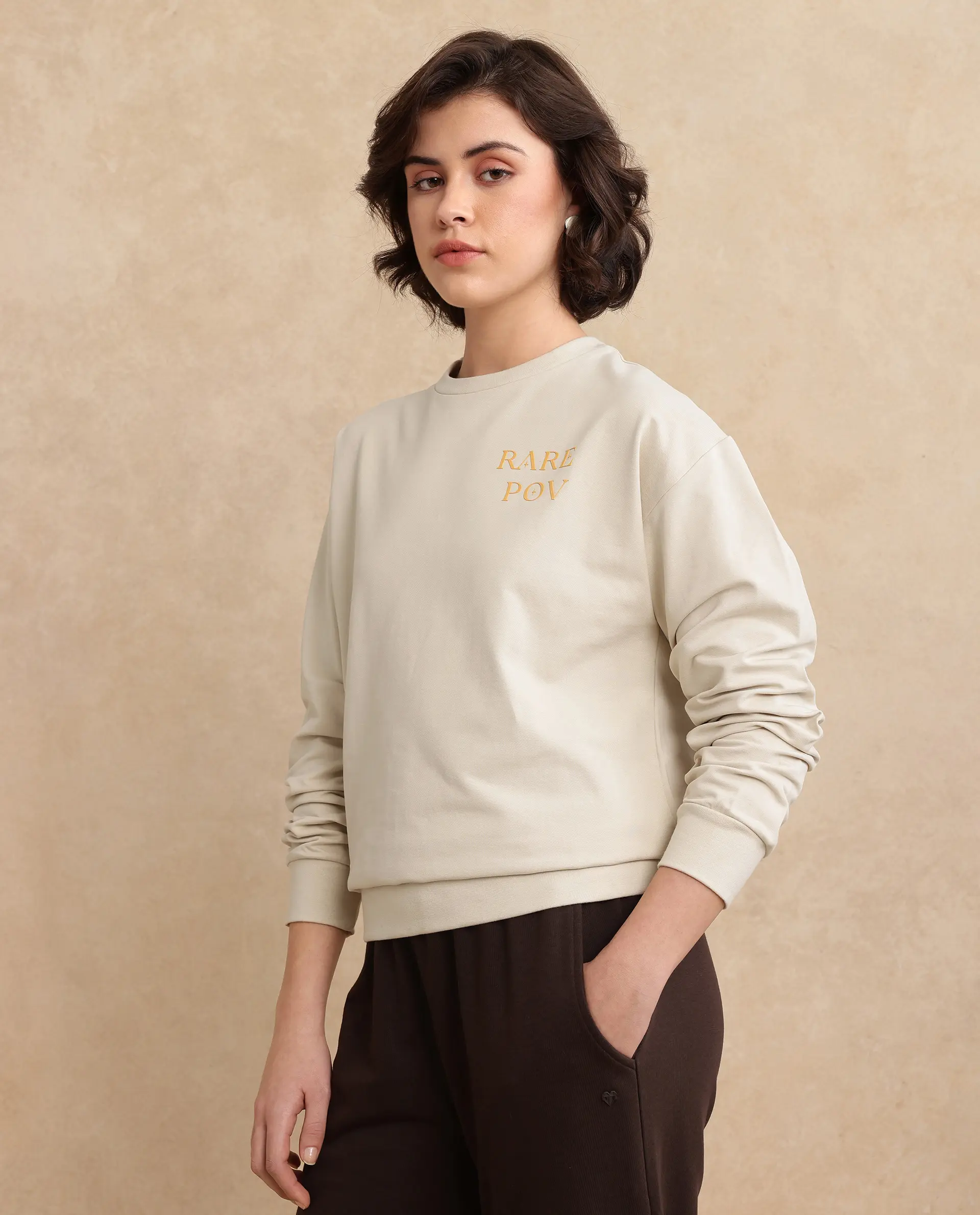 Rareism Women's Onwa Beige Cotton Blend Crew Neck Graphic Print Relaxed Fit Sweatshirt - Image 5