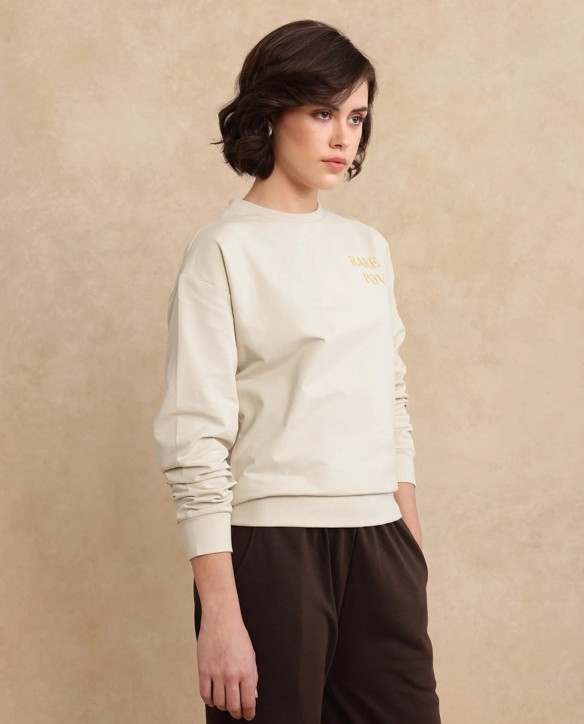 Rareism Women's Onwa Beige Cotton Blend Crew Neck Graphic Print Relaxed Fit Sweatshirt - Image 6