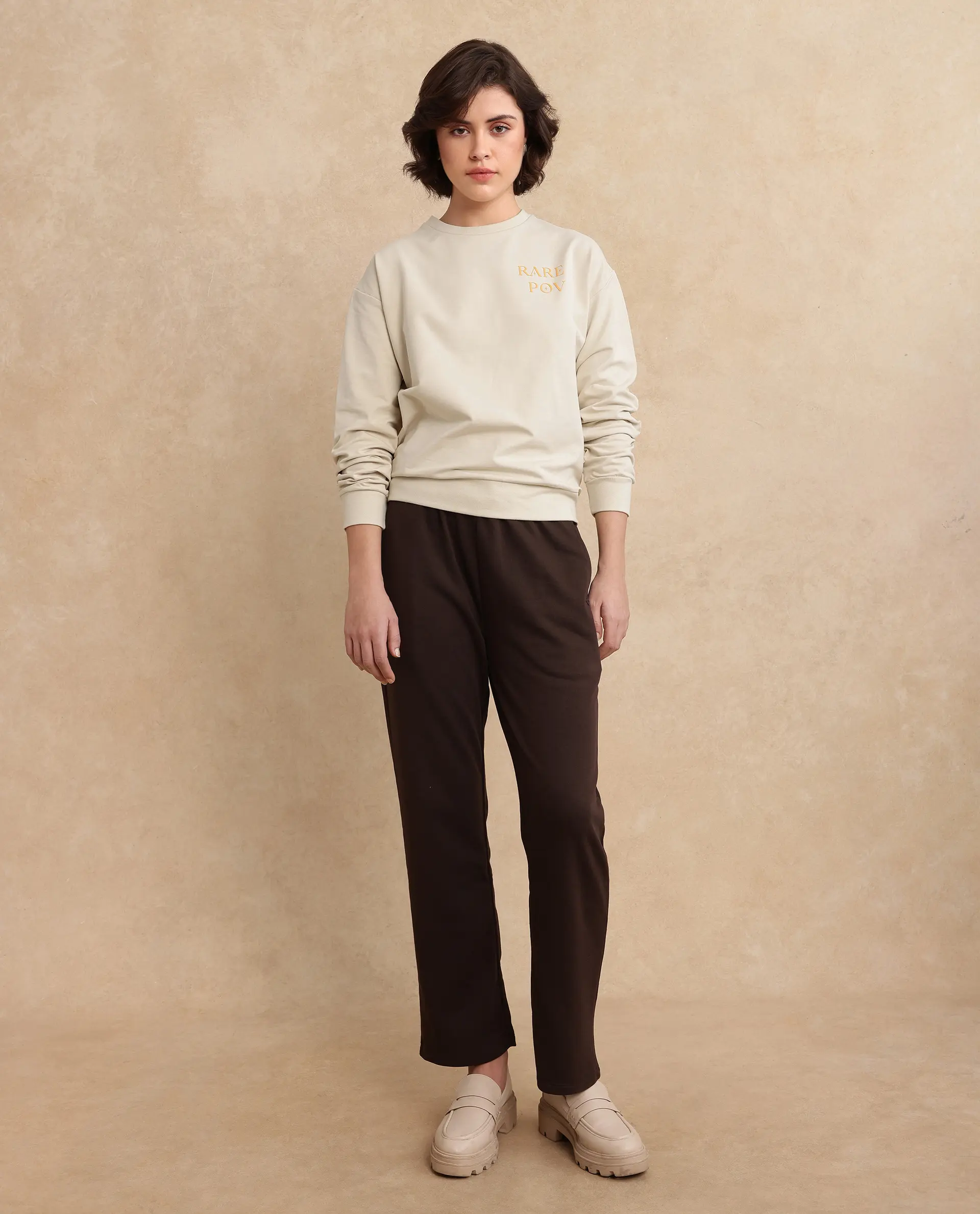 Rareism Women's Onwa Beige Cotton Blend Crew Neck Graphic Print Relaxed Fit Sweatshirt - Image 7