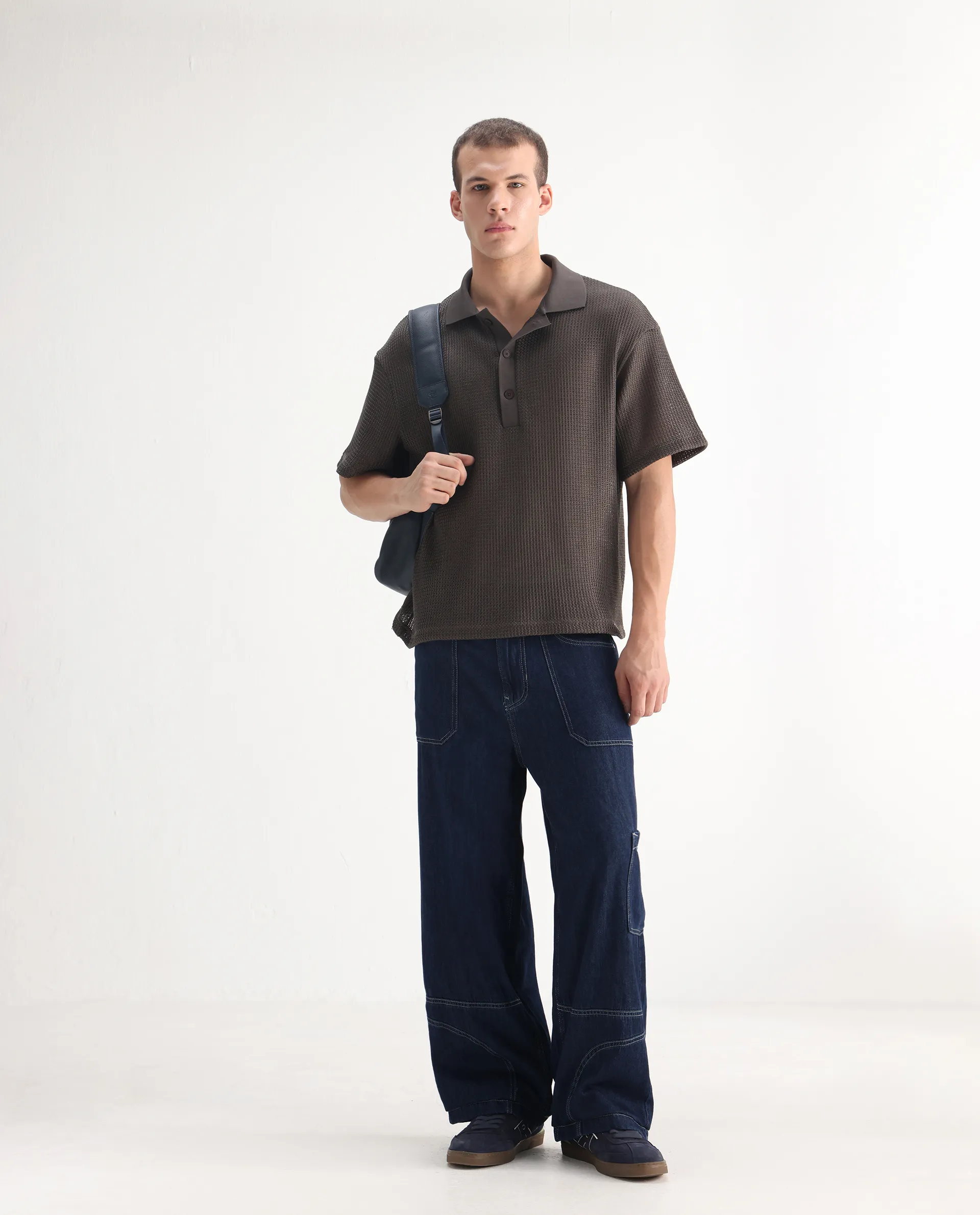 Rare Rabbit Men's Onyx Dark Blue Cotton Blend Plain Baggy Fit Jeans