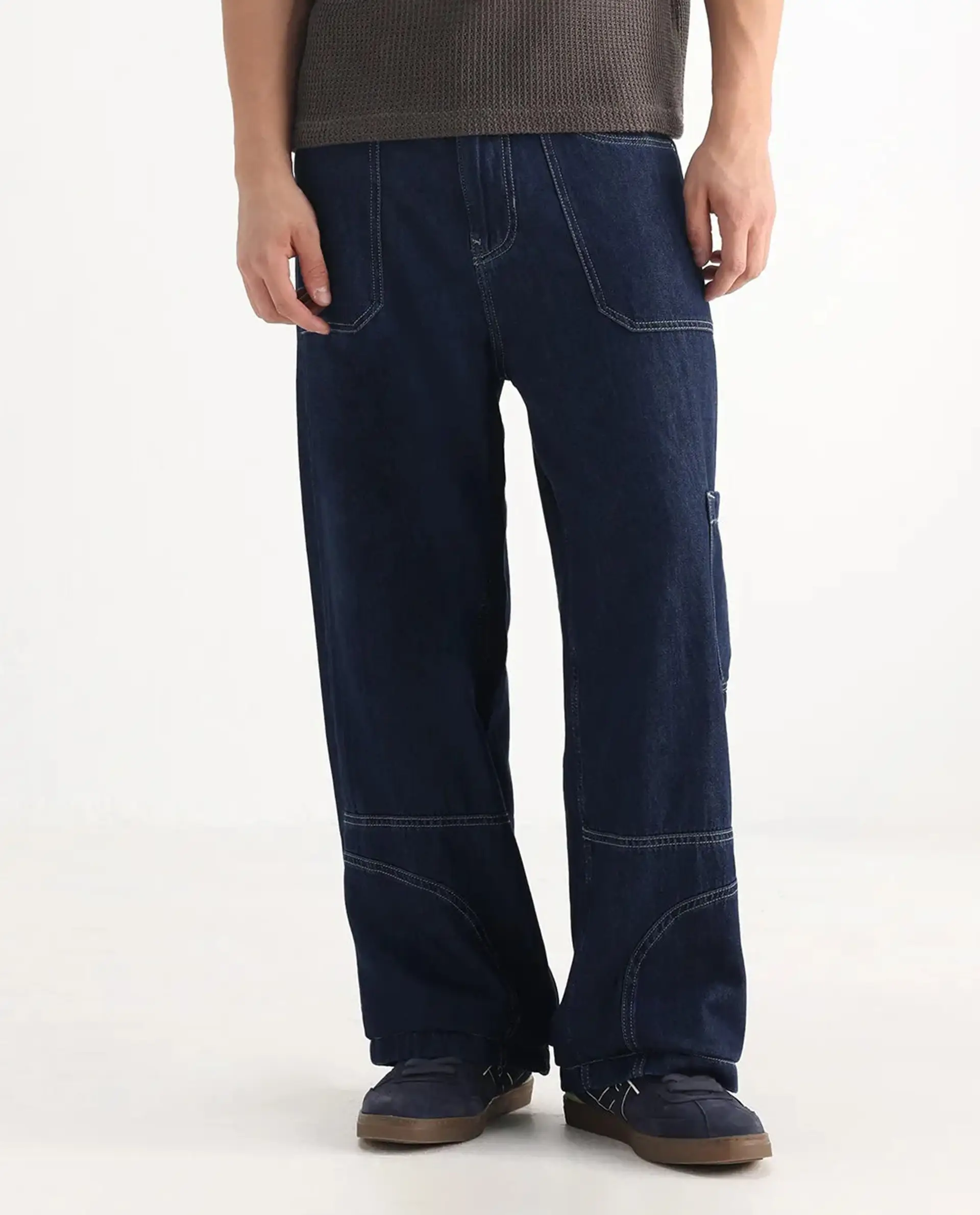 Rare Rabbit Men's Onyx Dark Blue Cotton Blend Plain Baggy Fit Jeans - Image 10
