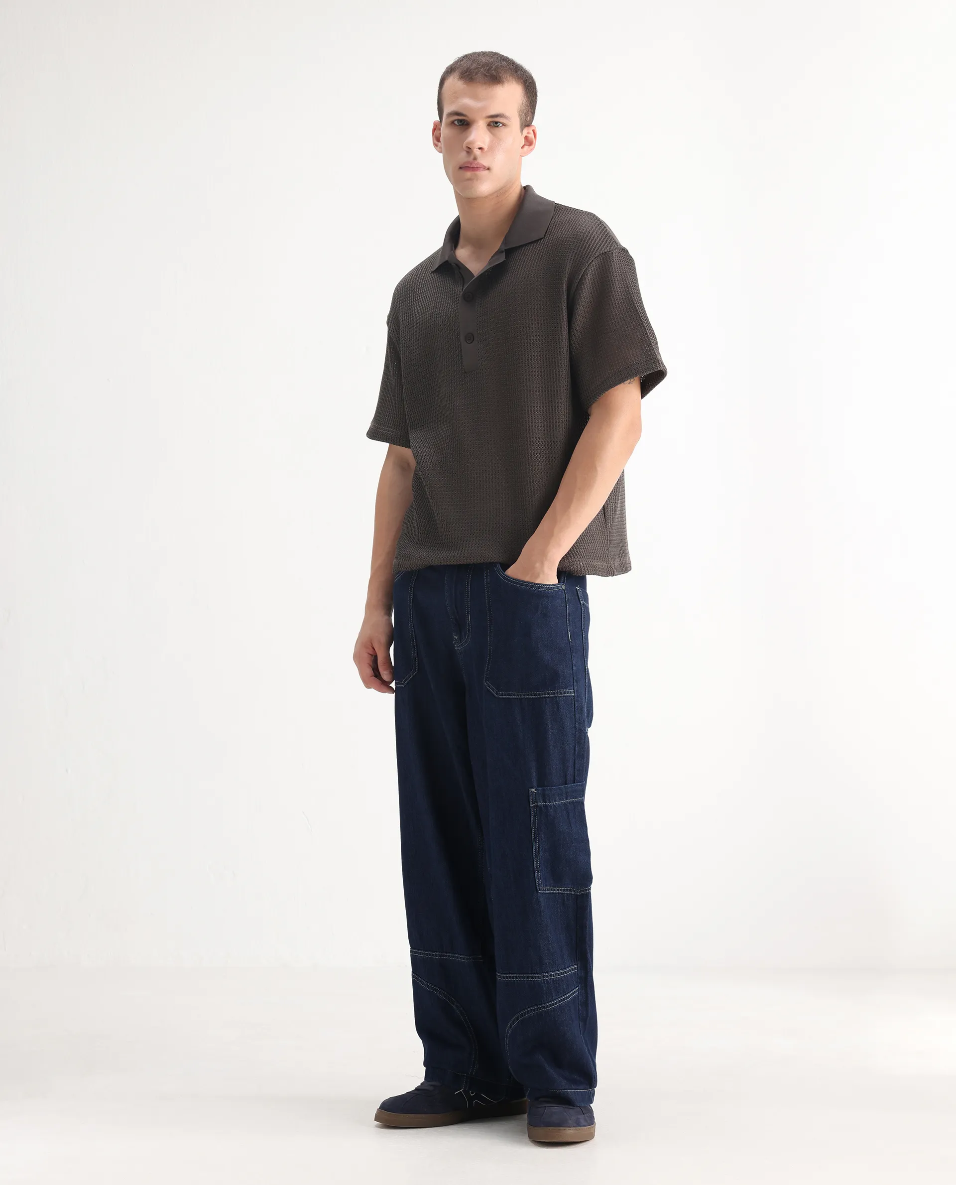 Rare Rabbit Men's Onyx Dark Blue Cotton Blend Plain Baggy Fit Jeans - Image 5