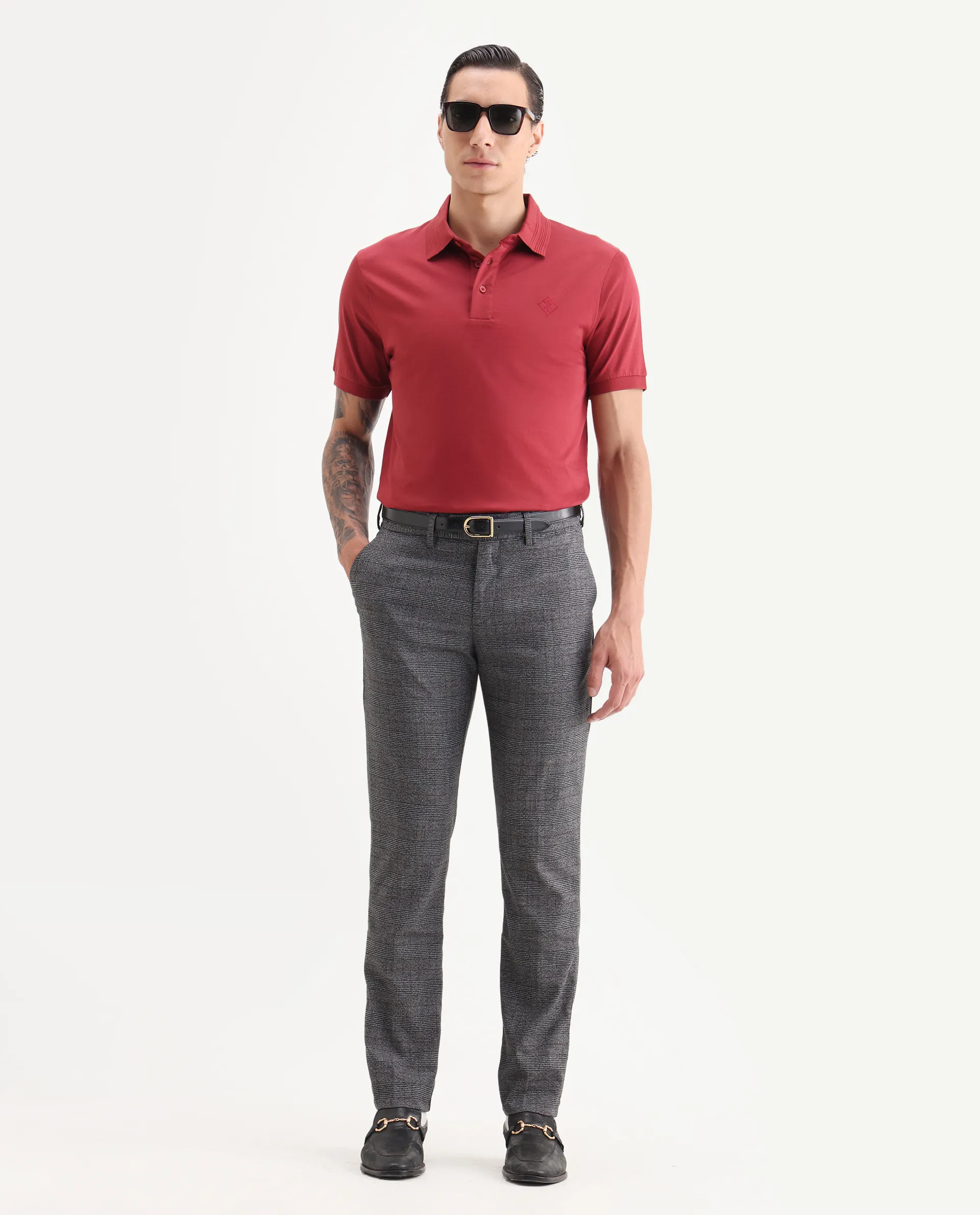 Rare Rabbit Men's Opal Dark Grey Polyester Checked Print Regular Fit Trouser
