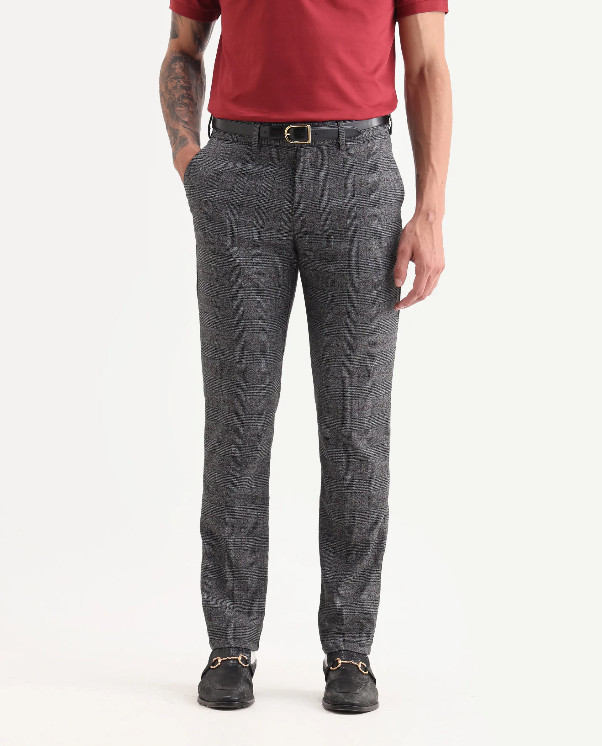 Rare Rabbit Men's Opal Dark Grey Polyester Checked Print Regular Fit Trouser - Image 2