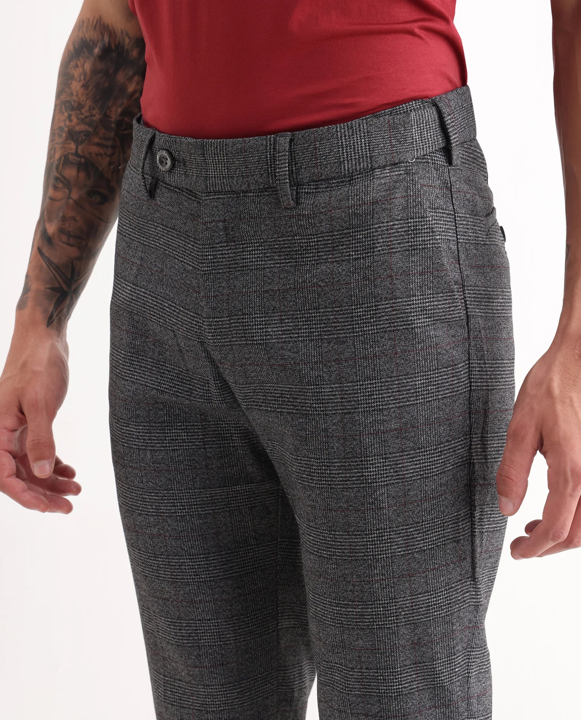 Rare Rabbit Men's Opal Dark Grey Polyester Checked Print Regular Fit Trouser - Image 3