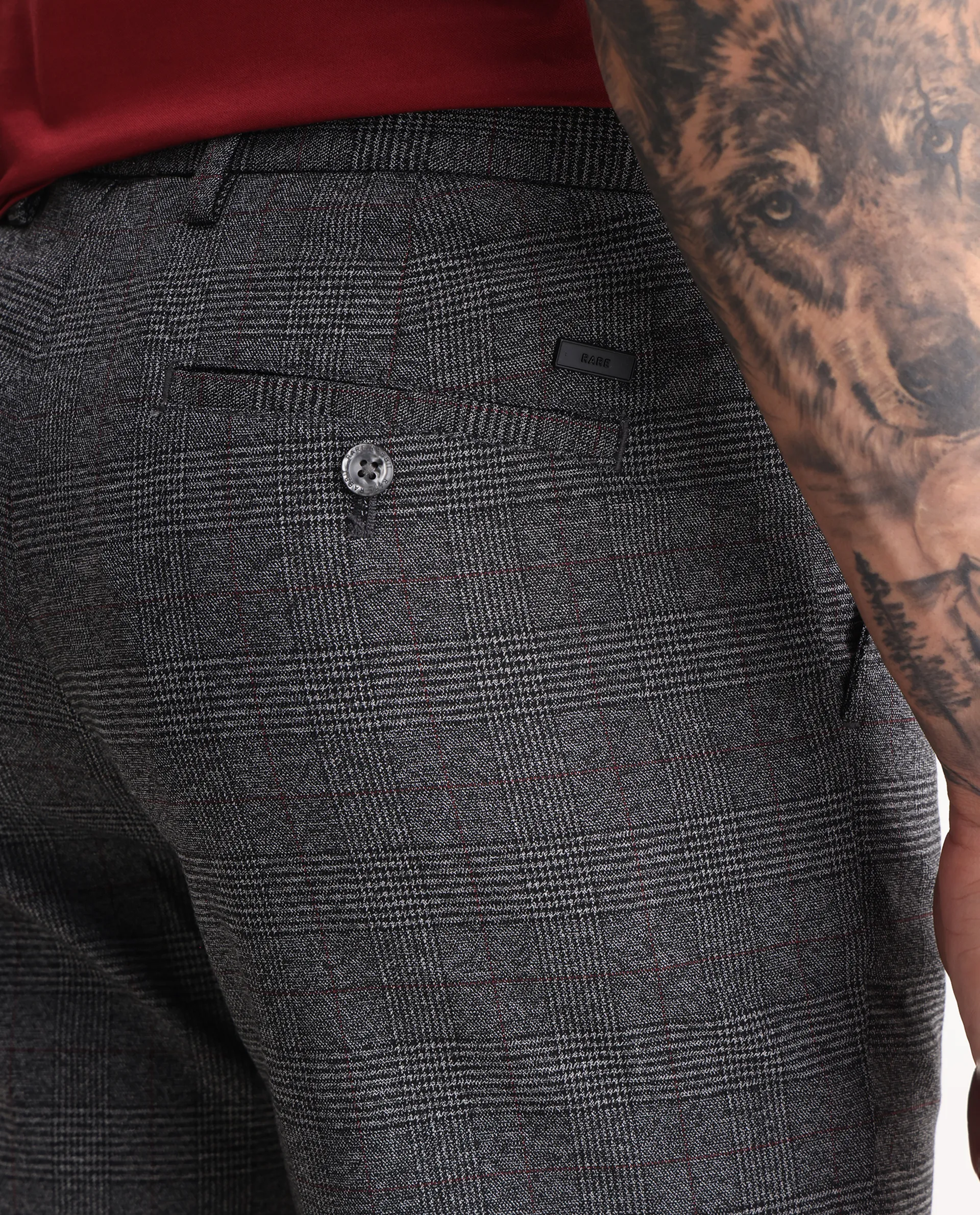 Rare Rabbit Men's Opal Dark Grey Polyester Checked Print Regular Fit Trouser - Image 6