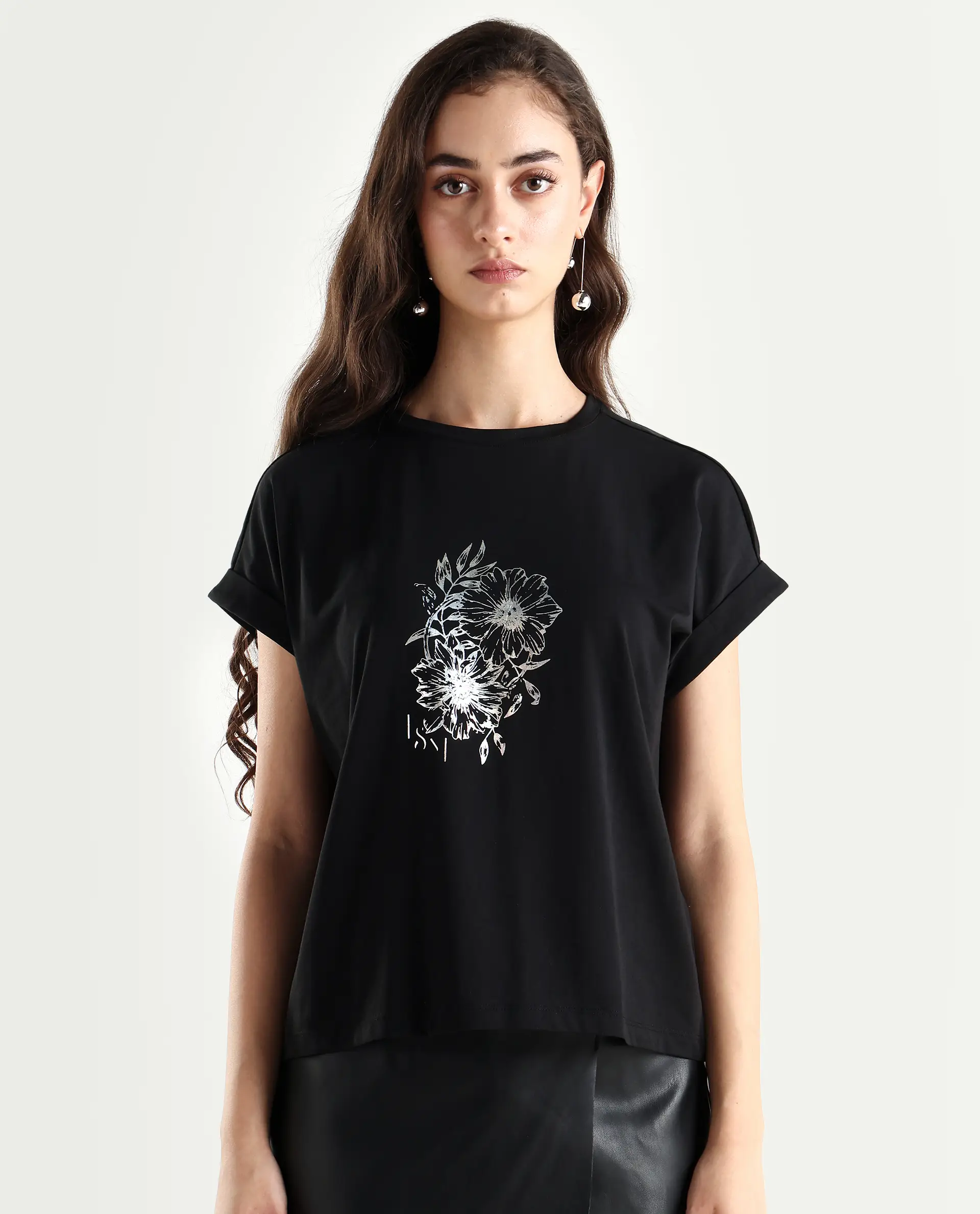 Rareism Women's Ophili Black Cotton Blend Crew Neck Graphic Print Extended Sleeves Regular Fit T-Shirt - Image 3