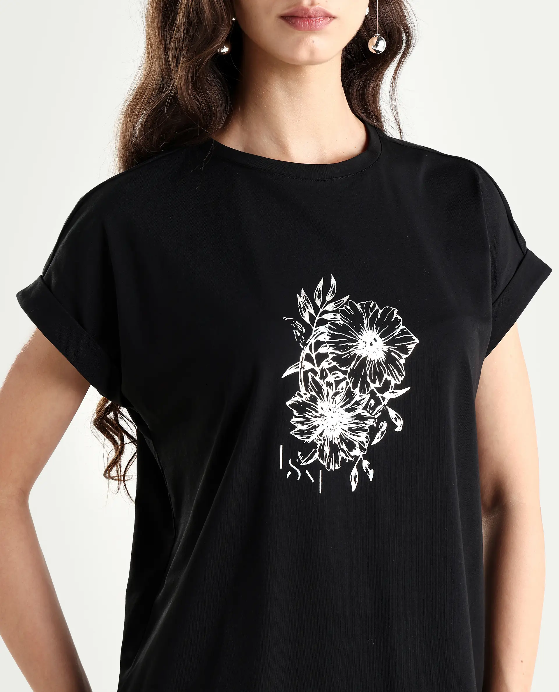 Rareism Women's Ophili Black Cotton Blend Crew Neck Graphic Print Extended Sleeves Regular Fit T-Shirt - Image 4