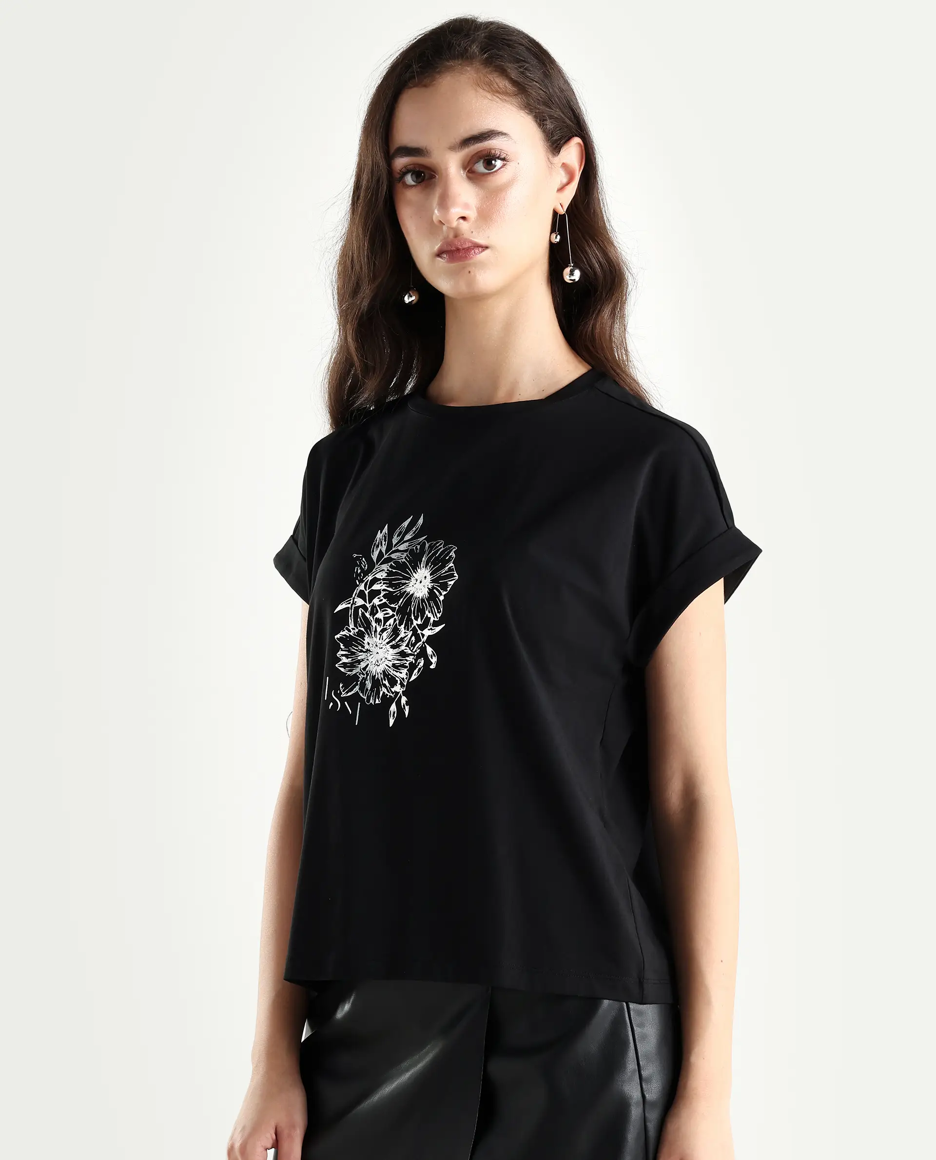 Rareism Women's Ophili Black Cotton Blend Crew Neck Graphic Print Extended Sleeves Regular Fit T-Shirt - Image 5