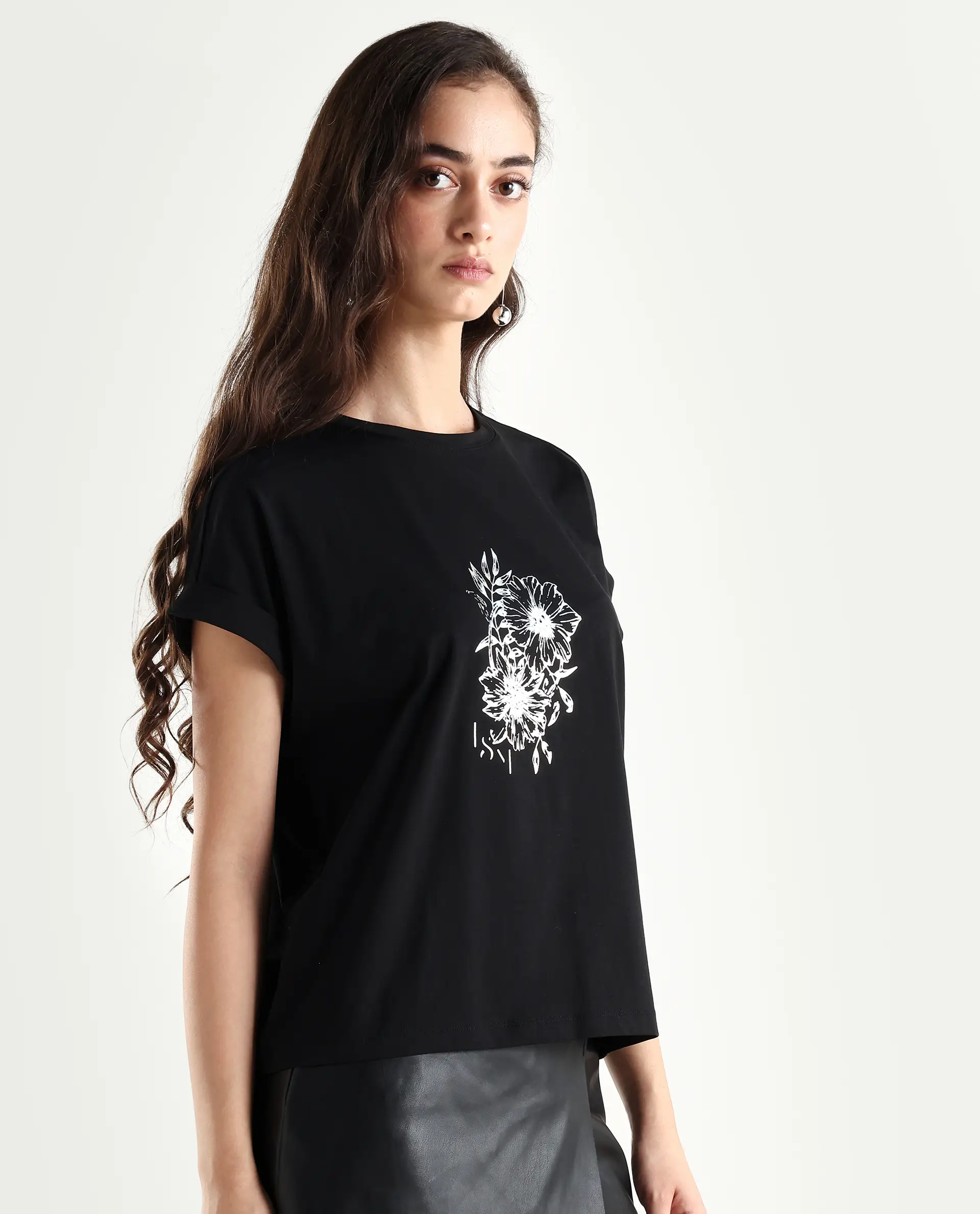 Rareism Women's Ophili Black Cotton Blend Crew Neck Graphic Print Extended Sleeves Regular Fit T-Shirt - Image 6
