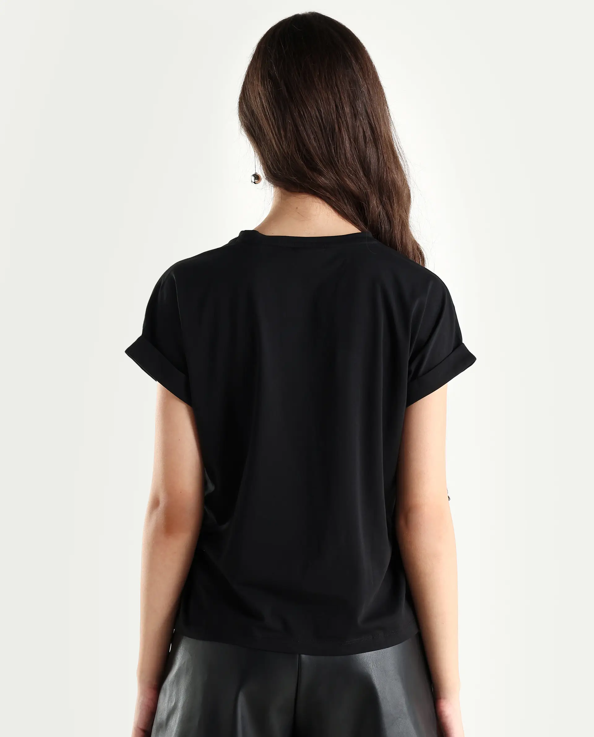 Rareism Women's Ophili Black Cotton Blend Crew Neck Graphic Print Extended Sleeves Regular Fit T-Shirt - Image 7