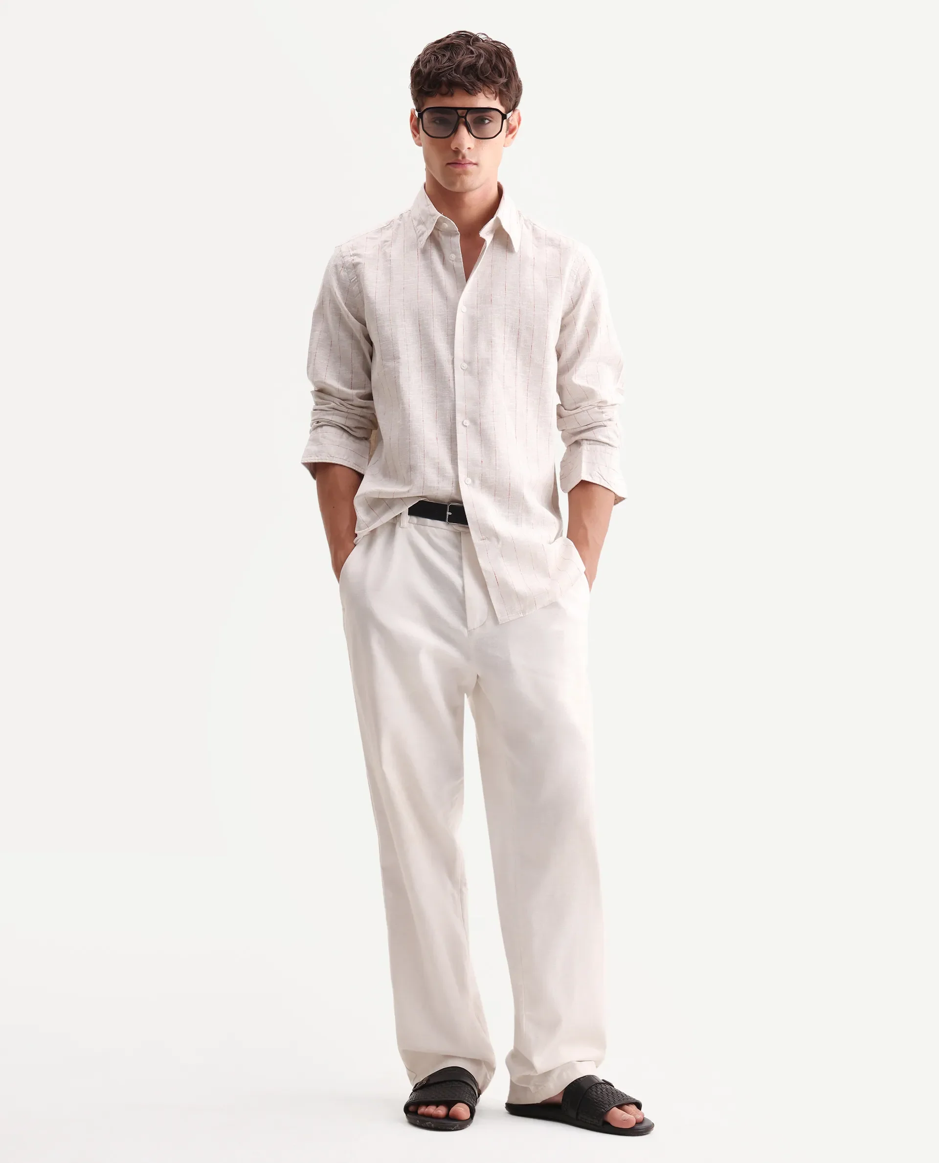 Rare Rabbit Men's Opis Off White 100% Linen Striped Print Regular Fit Full Sleeve Collared Shirt - Image 2