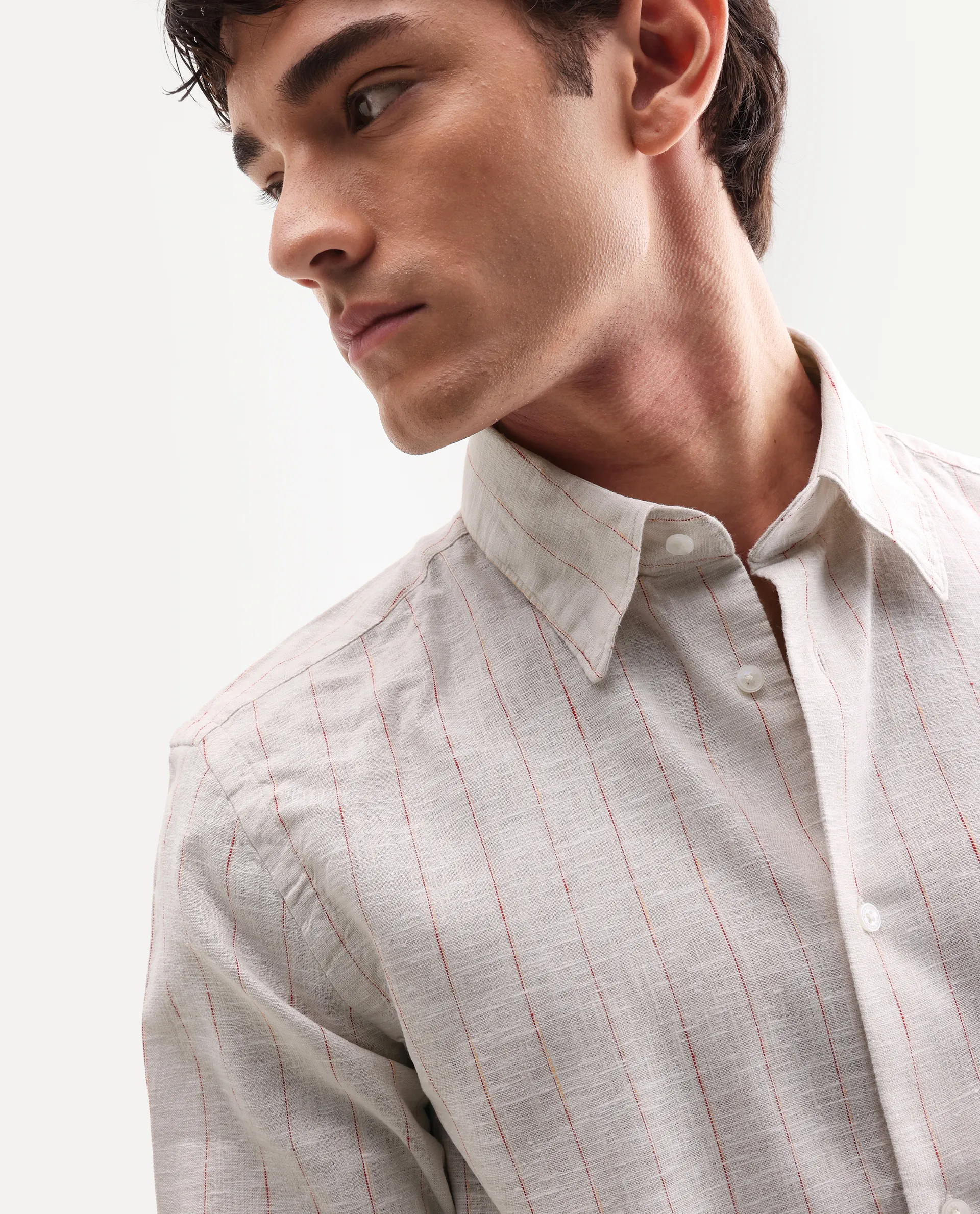 Rare Rabbit Men's Opis Off White 100% Linen Striped Print Regular Fit Full Sleeve Collared Shirt - Image 3