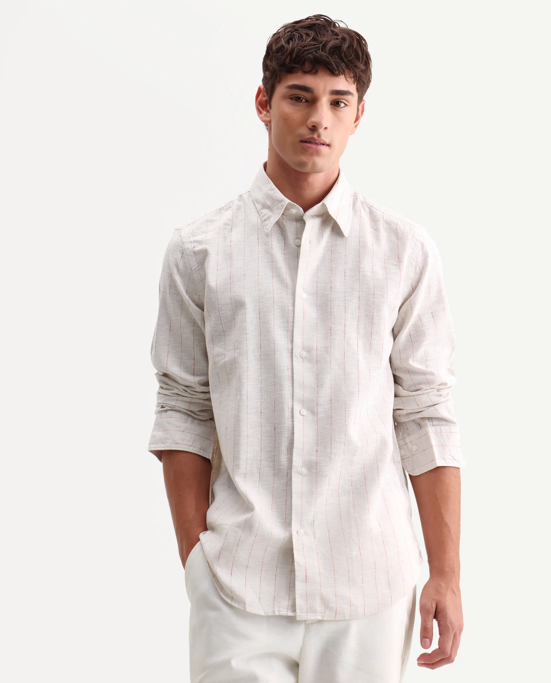 Rare Rabbit Men's Opis Off White 100% Linen Striped Print Regular Fit Full Sleeve Collared Shirt - Image 4