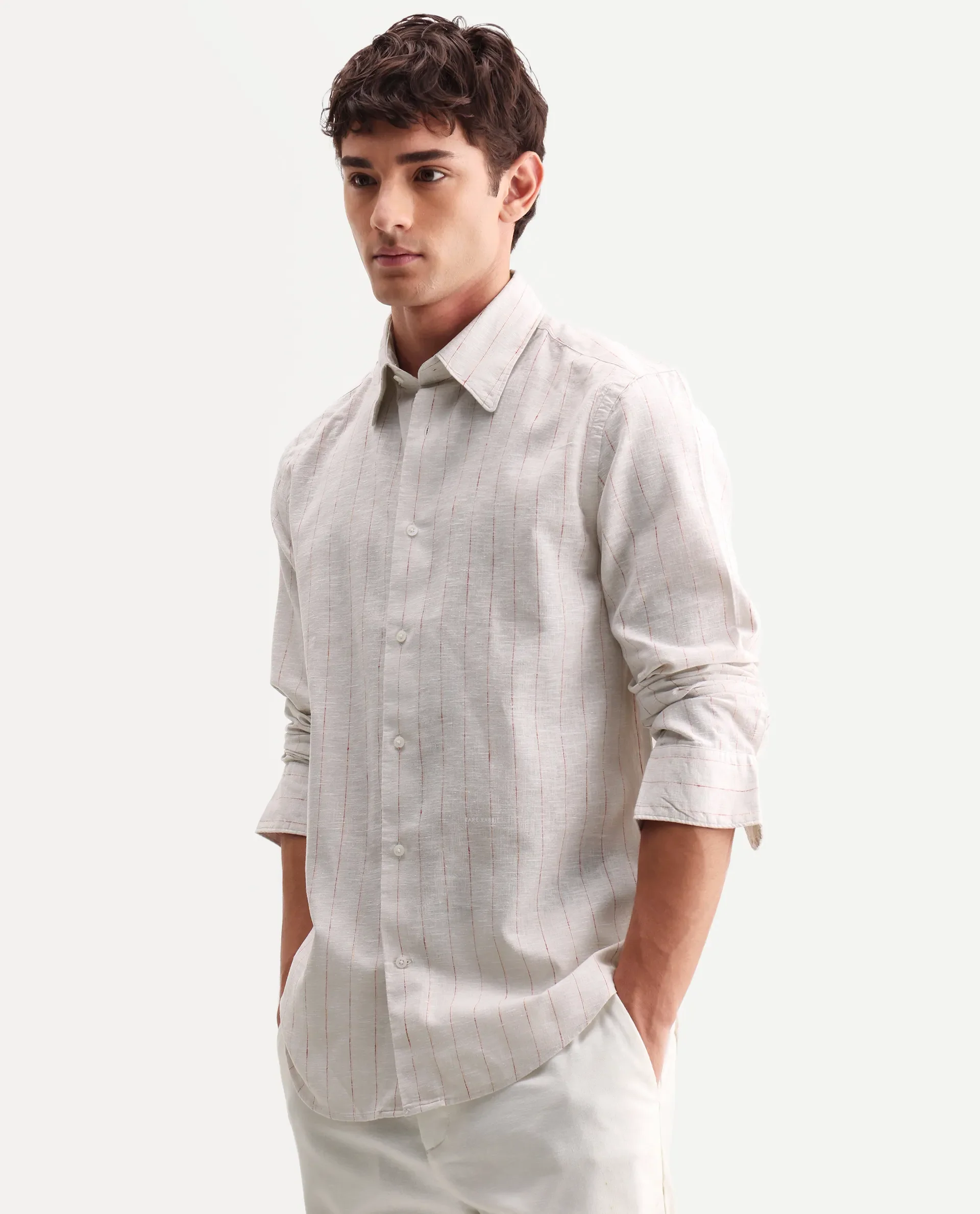 Rare Rabbit Men's Opis Off White 100% Linen Striped Print Regular Fit Full Sleeve Collared Shirt - Image 5