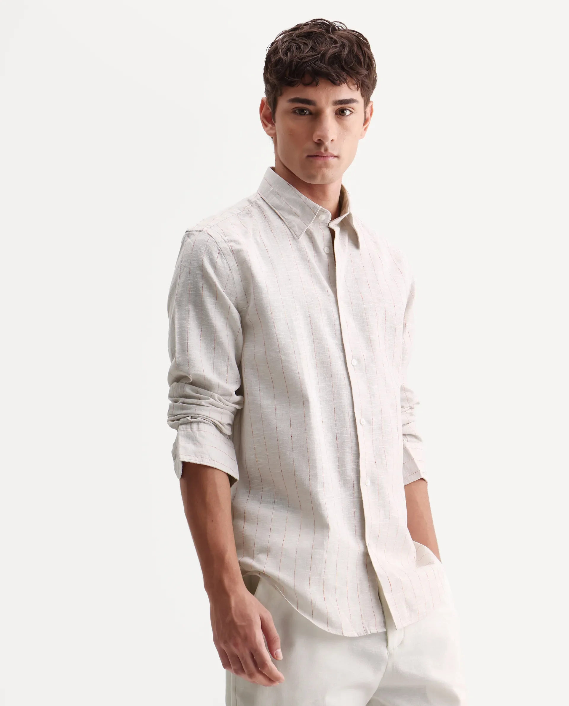 Rare Rabbit Men's Opis Off White 100% Linen Striped Print Regular Fit Full Sleeve Collared Shirt - Image 6
