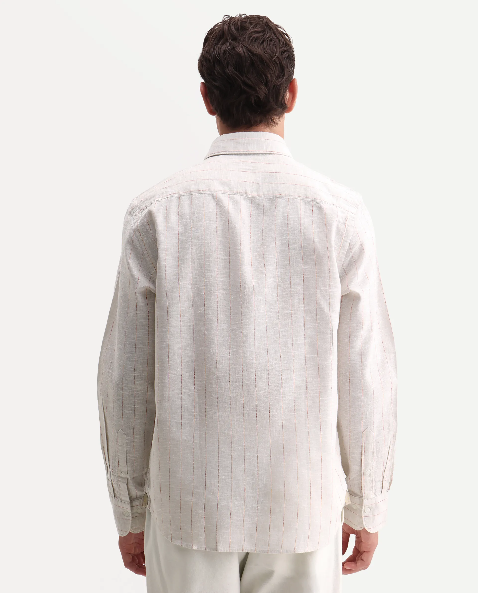 Rare Rabbit Men's Opis Off White 100% Linen Striped Print Regular Fit Full Sleeve Collared Shirt - Image 8