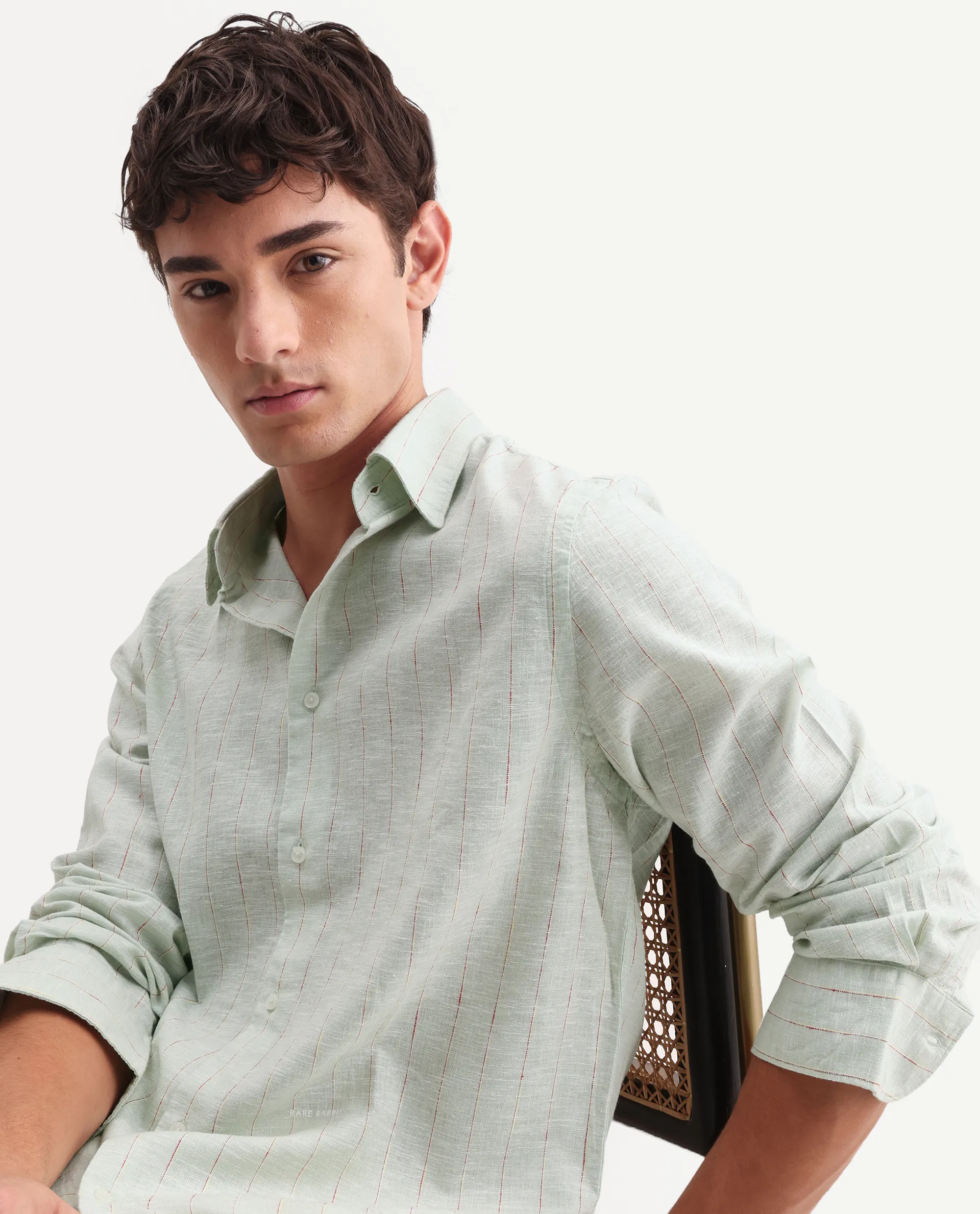 Rare Rabbit Men's Opis Sage 100% Linen Striped Print Regular Fit Full Sleeve Collared Shirt