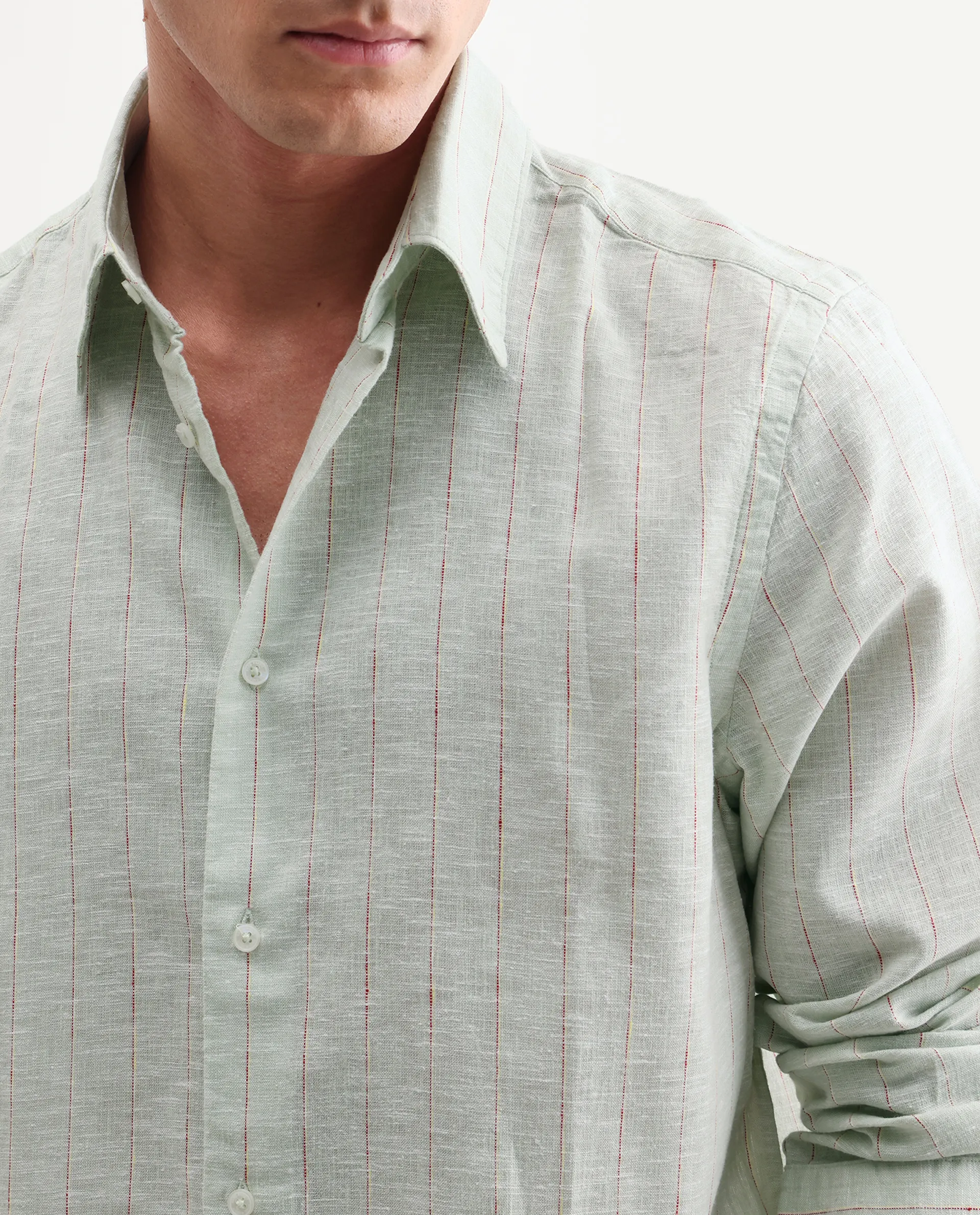 Rare Rabbit Men's Opis Sage 100% Linen Striped Print Regular Fit Full Sleeve Collared Shirt - Image 3