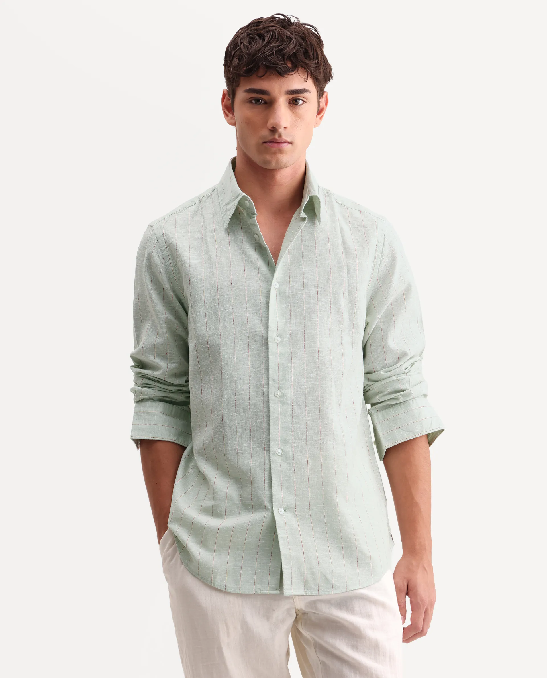 Rare Rabbit Men's Opis Sage 100% Linen Striped Print Regular Fit Full Sleeve Collared Shirt - Image 4