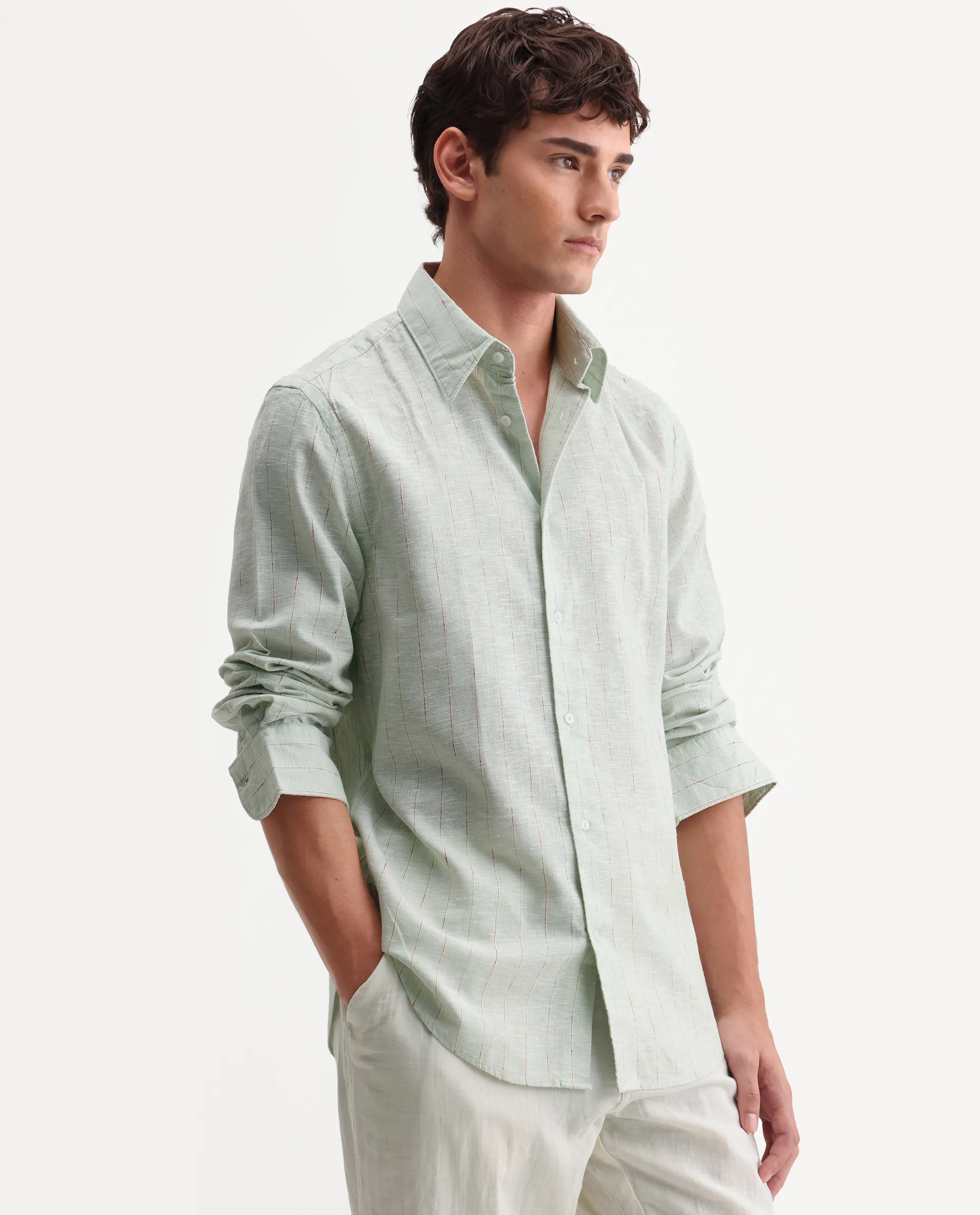 Rare Rabbit Men's Opis Sage 100% Linen Striped Print Regular Fit Full Sleeve Collared Shirt - Image 5