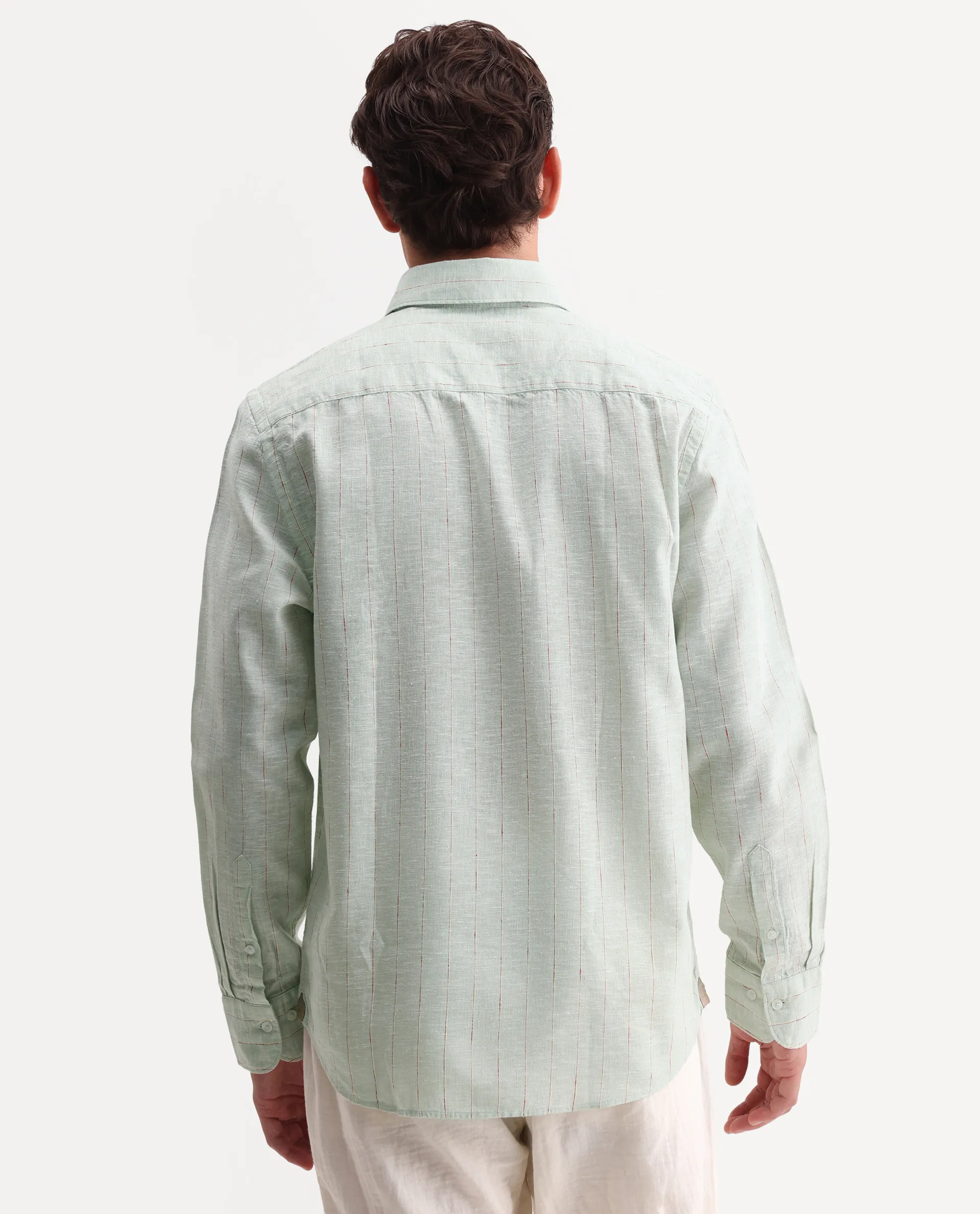 Rare Rabbit Men's Opis Sage 100% Linen Striped Print Regular Fit Full Sleeve Collared Shirt - Image 6