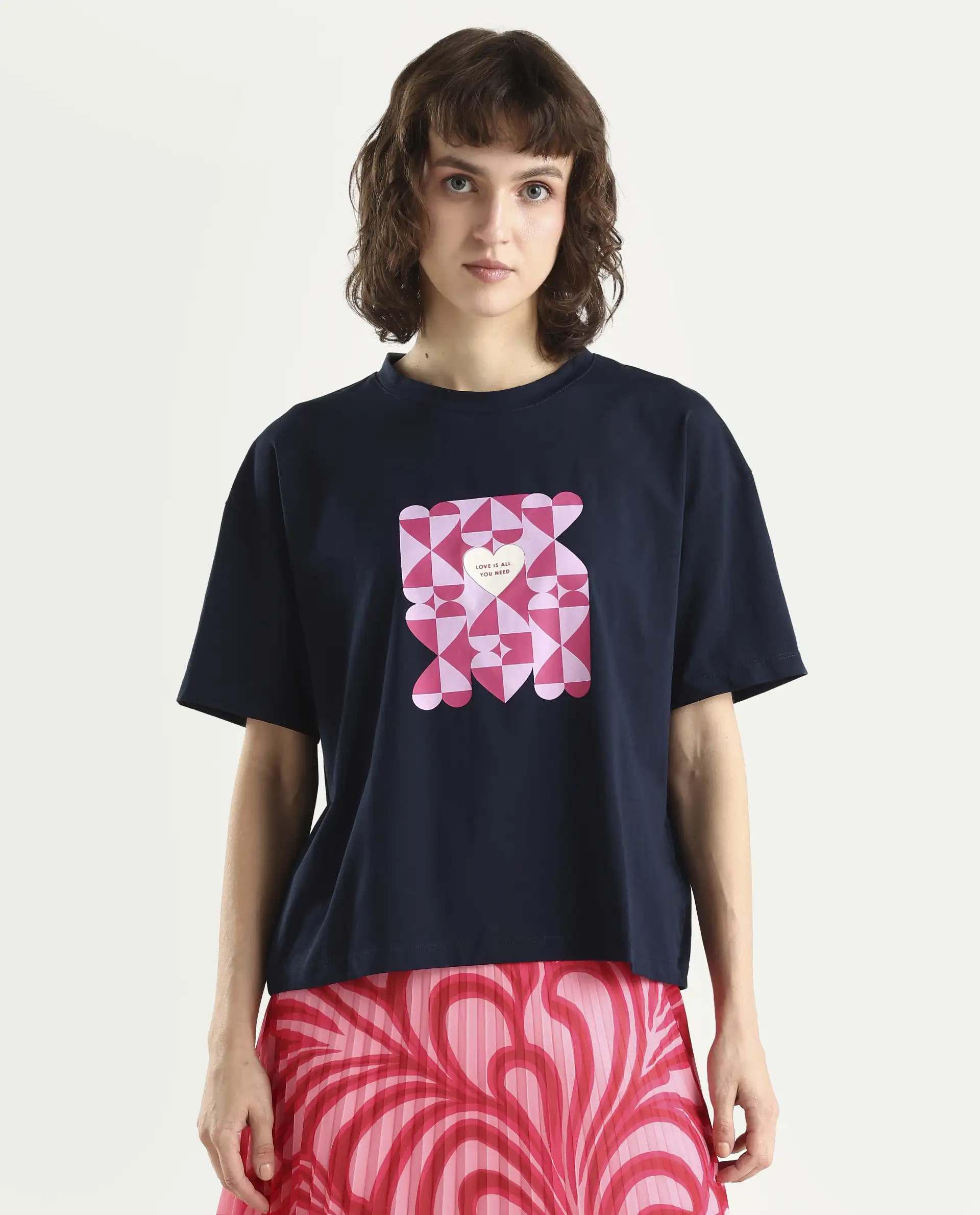 Rareism Women's Oppamen Dark Navy Cotton Blend Crew Neck Graphic Print Boxy Fit T-Shirt - Image 3