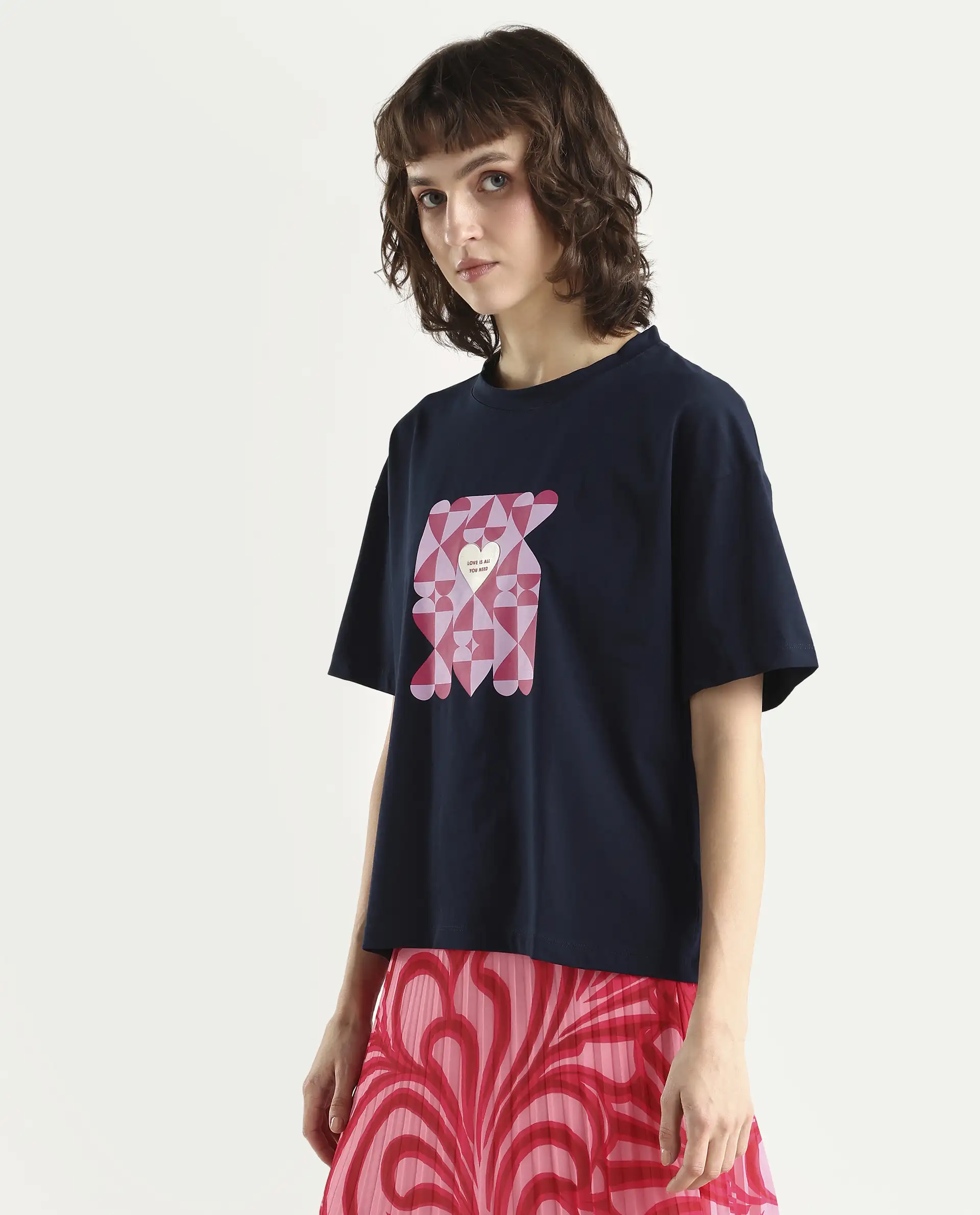 Rareism Women's Oppamen Dark Navy Cotton Blend Crew Neck Graphic Print Boxy Fit T-Shirt - Image 5