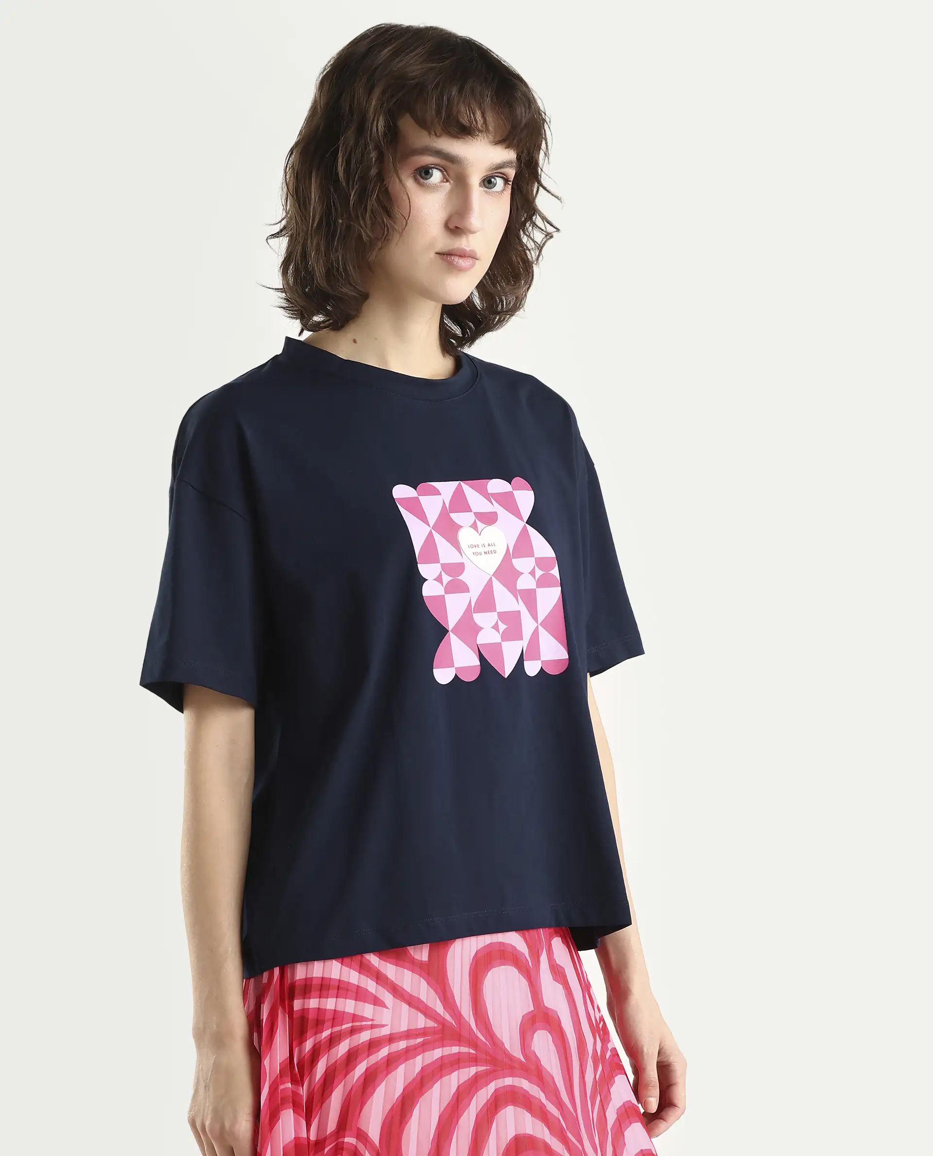 Rareism Women's Oppamen Dark Navy Cotton Blend Crew Neck Graphic Print Boxy Fit T-Shirt - Image 6