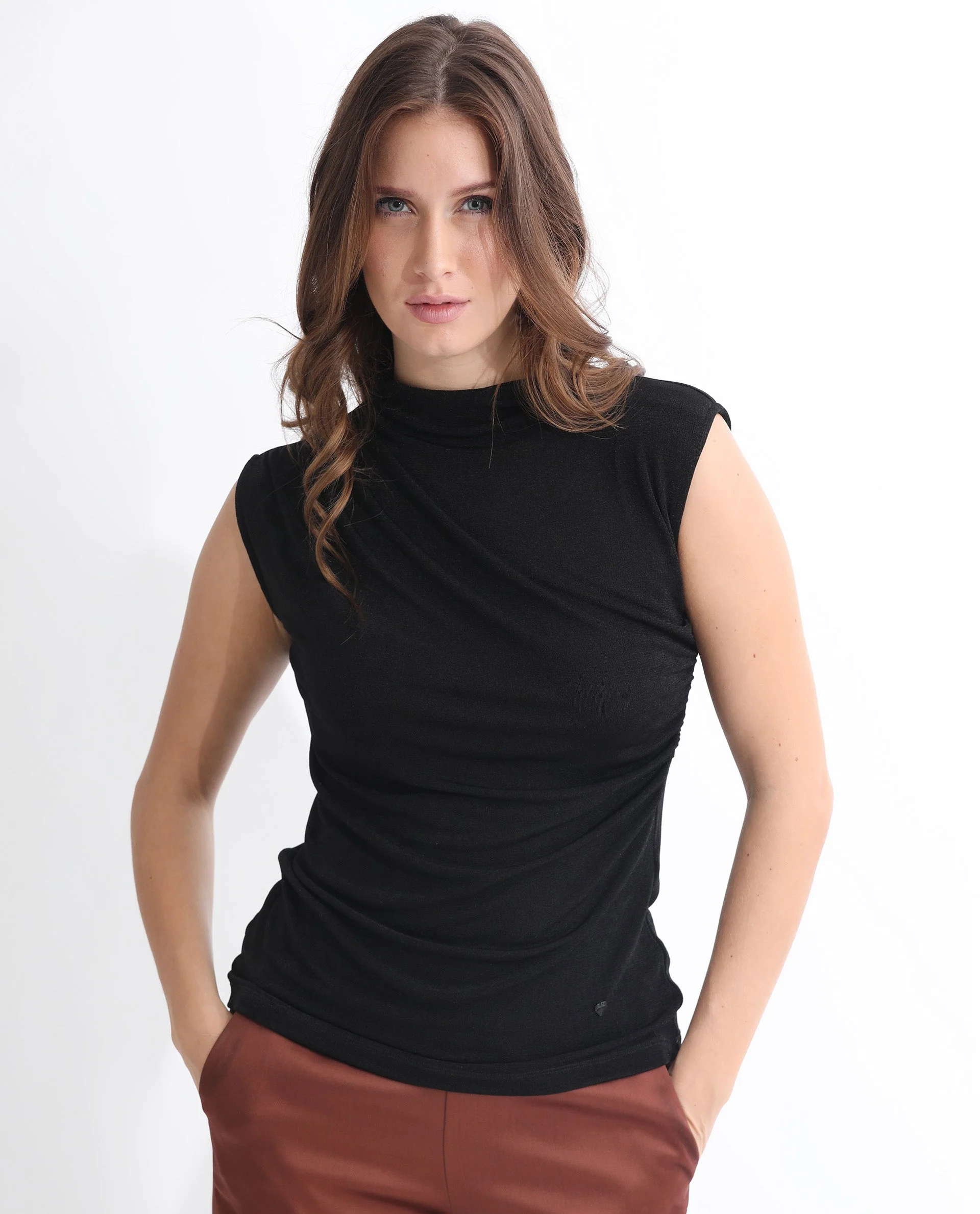 Rareism Women's Optus Black Polyester Blend Cowl Neck Plain Sleeveless Regular Fit Top