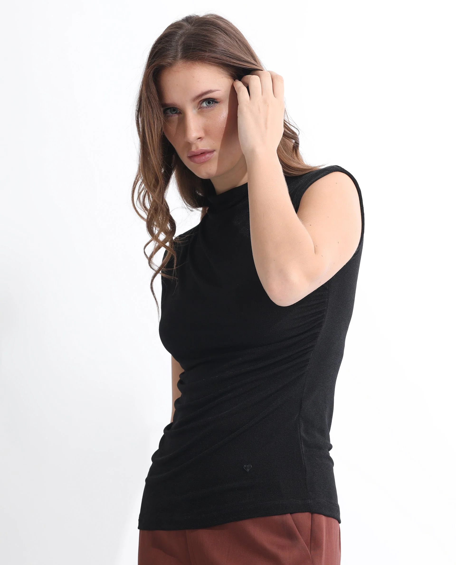 Rareism Women's Optus Black Polyester Blend Cowl Neck Plain Sleeveless Regular Fit Top - Image 5