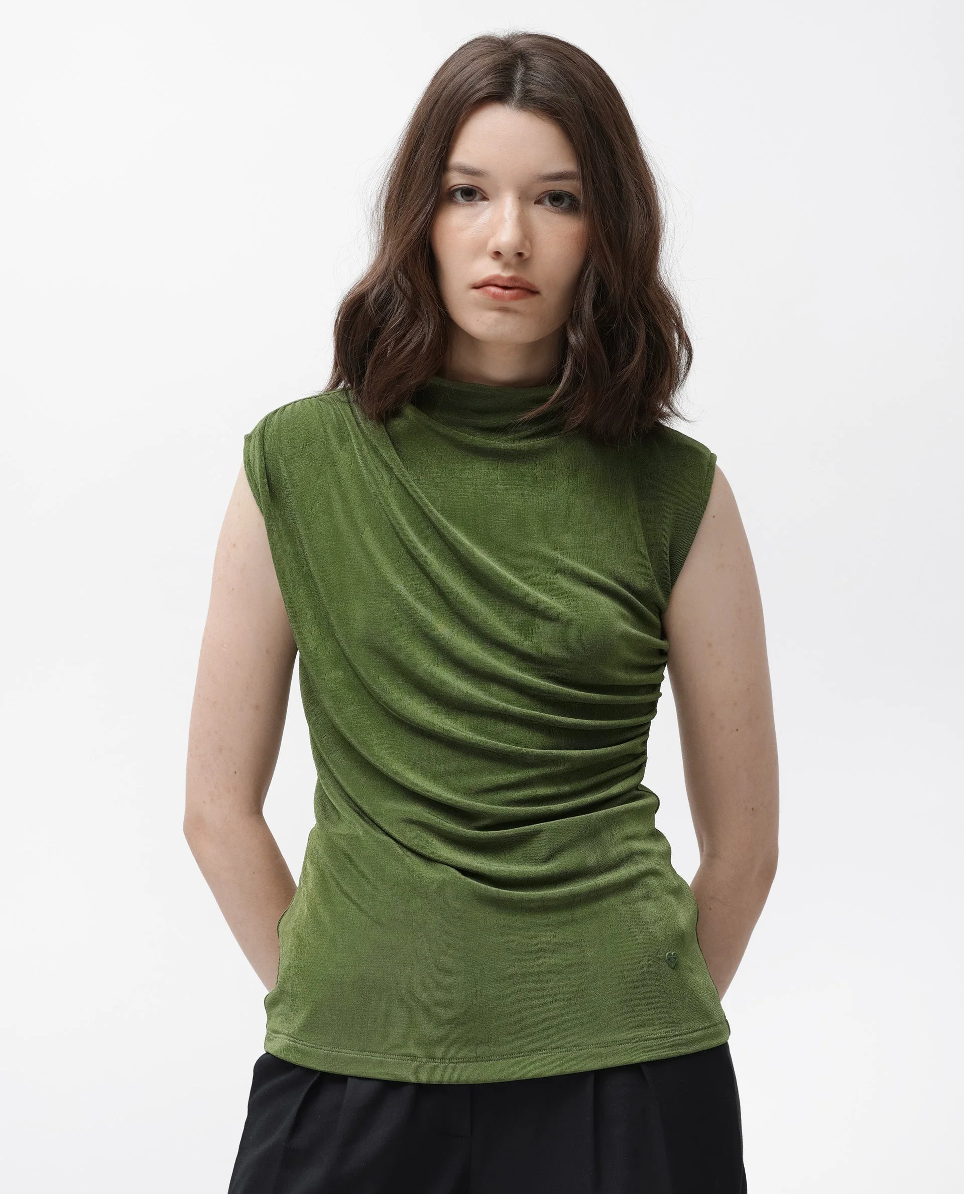 Rareism Women's Optus Green Polyester Blend Cowl Neck Plain Sleeveless Regular Fit Top