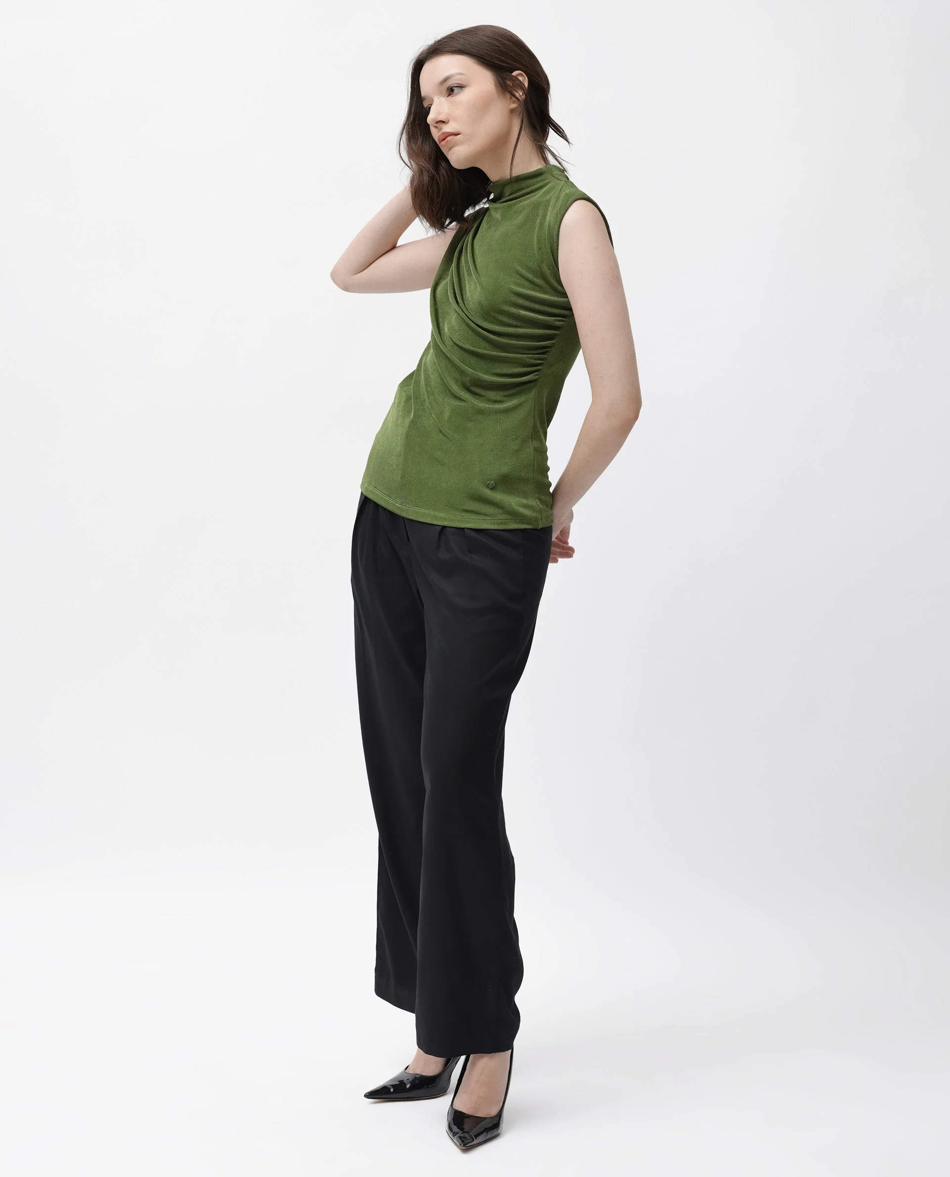 Rareism Women's Optus Green Polyester Blend Cowl Neck Plain Sleeveless Regular Fit Top - Image 2
