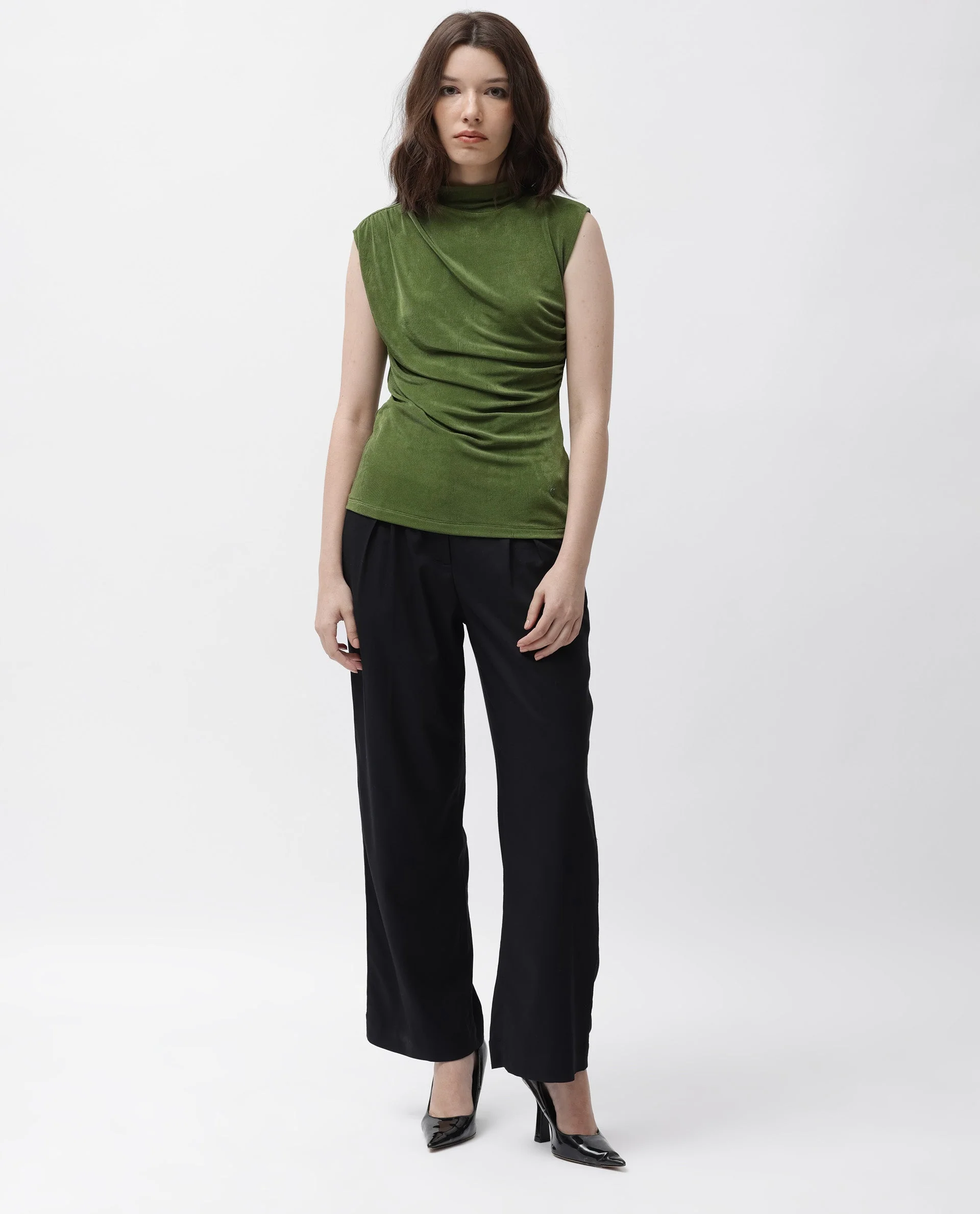 Rareism Women's Optus Green Polyester Blend Cowl Neck Plain Sleeveless Regular Fit Top - Image 3