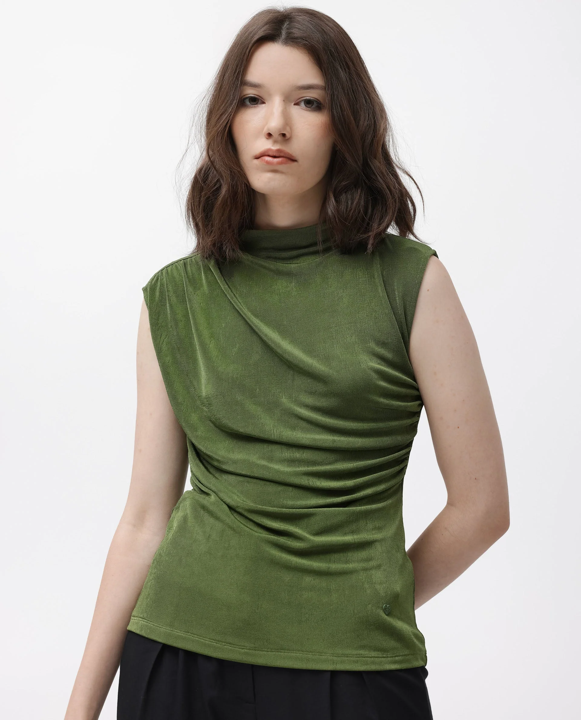 Rareism Women's Optus Green Polyester Blend Cowl Neck Plain Sleeveless Regular Fit Top - Image 5